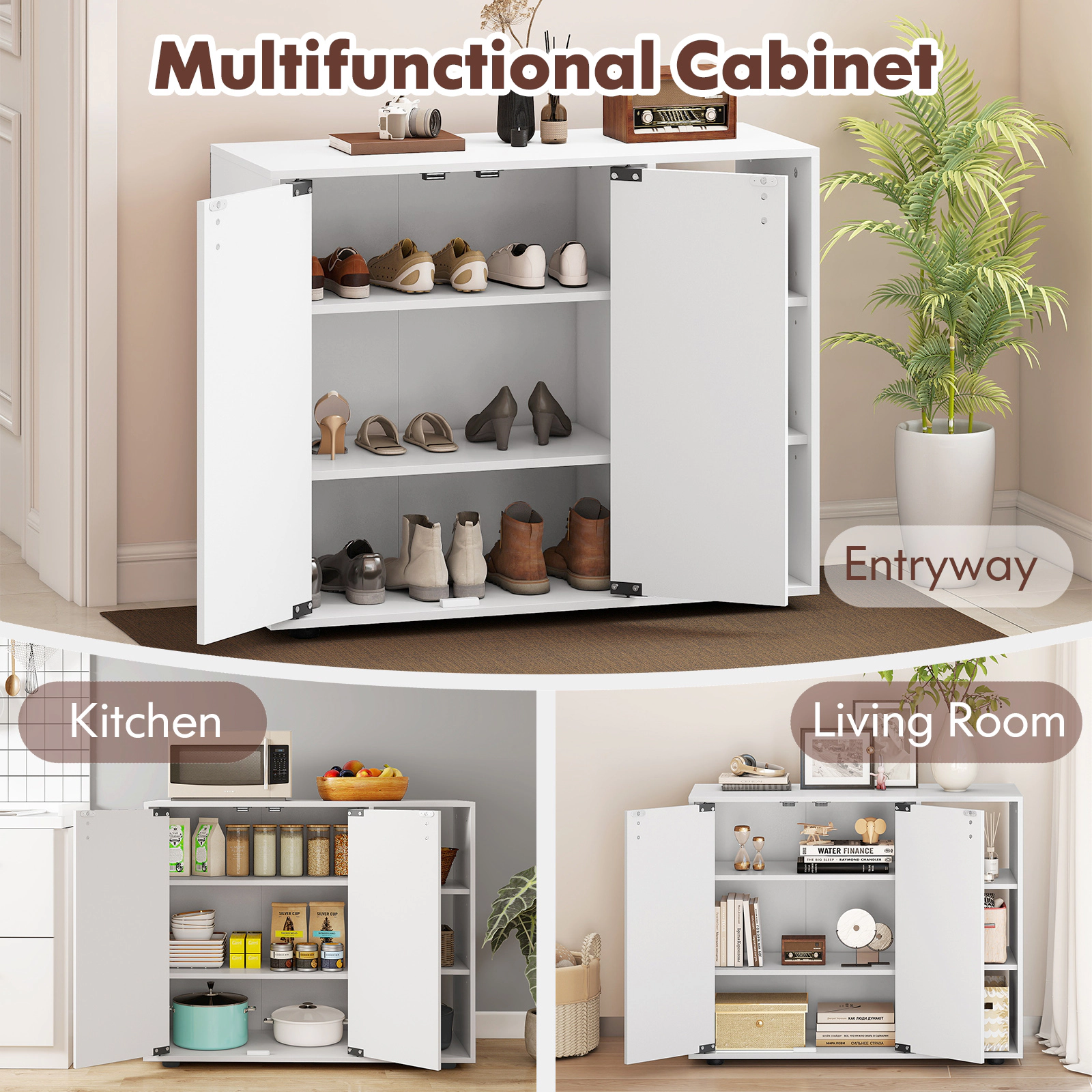 SUGIFT 3-Tier White 31.5-in Entryway Shoe Cabinet with Doors and Adjustable Side Storage Shelves