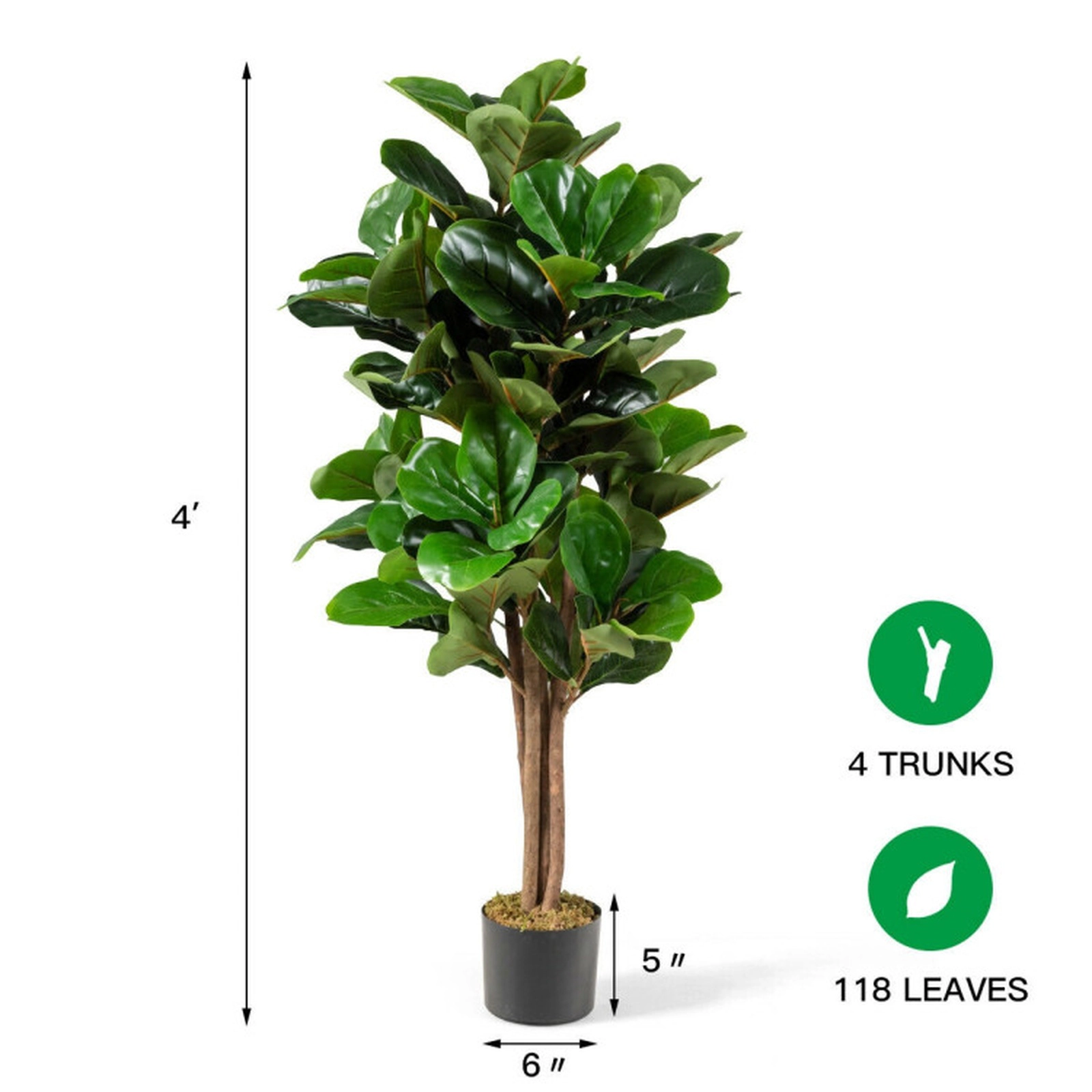 SUGIFT 4-ft Artificial Fiddle Leaf Fig Tree with 118 Leaves Natural Trunks and Cement-Filled Planter