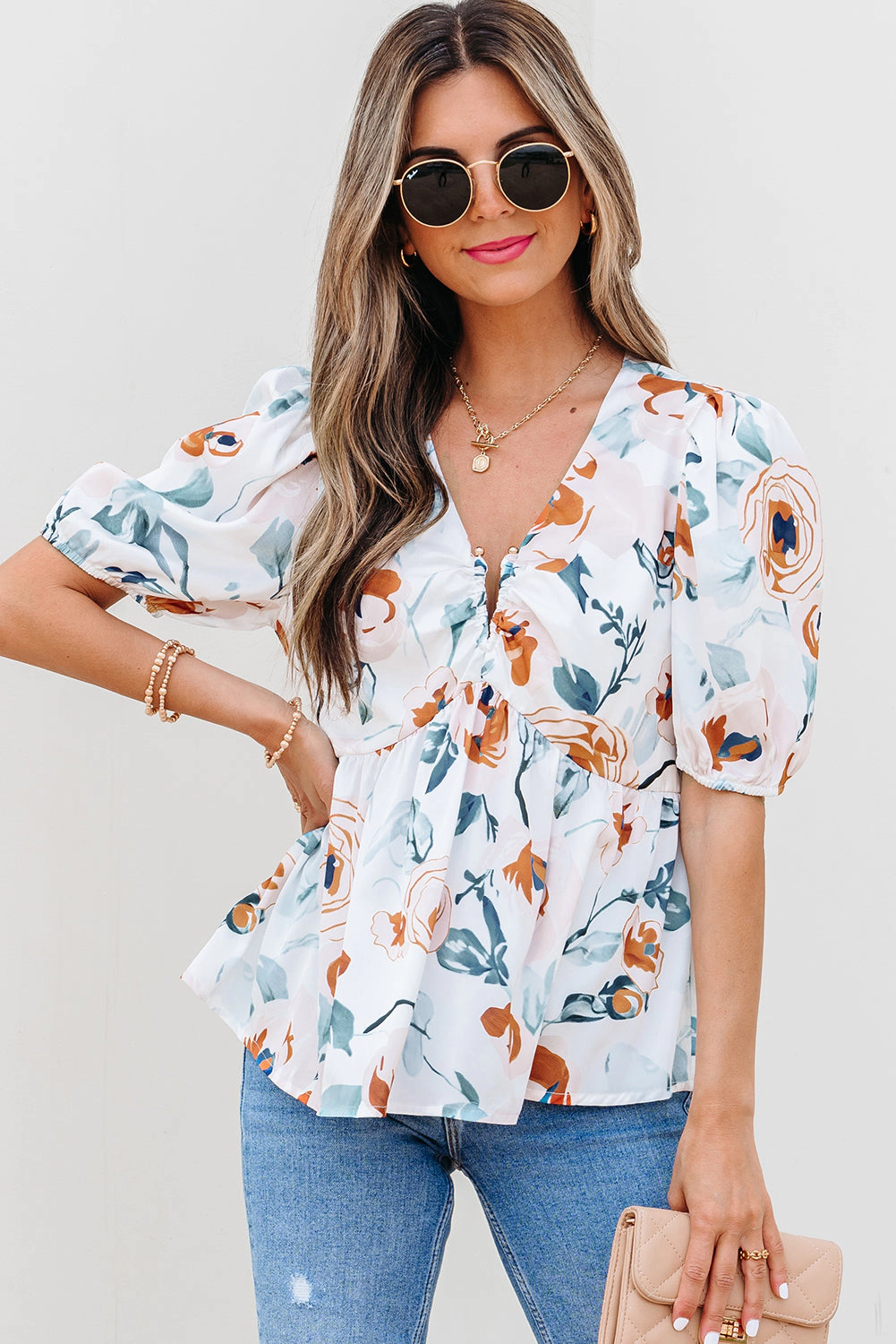Threaded Pear Women's Salome Floral Puff Sleeve V Neck Babydoll Blouse