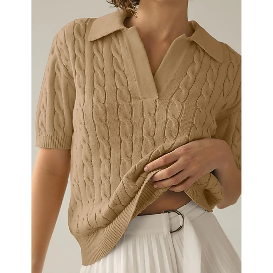 KOJOOIN Women's Cable Short Sleeve Sweaters Tops Lapel V Neck Knit Shirt Fall Outfits