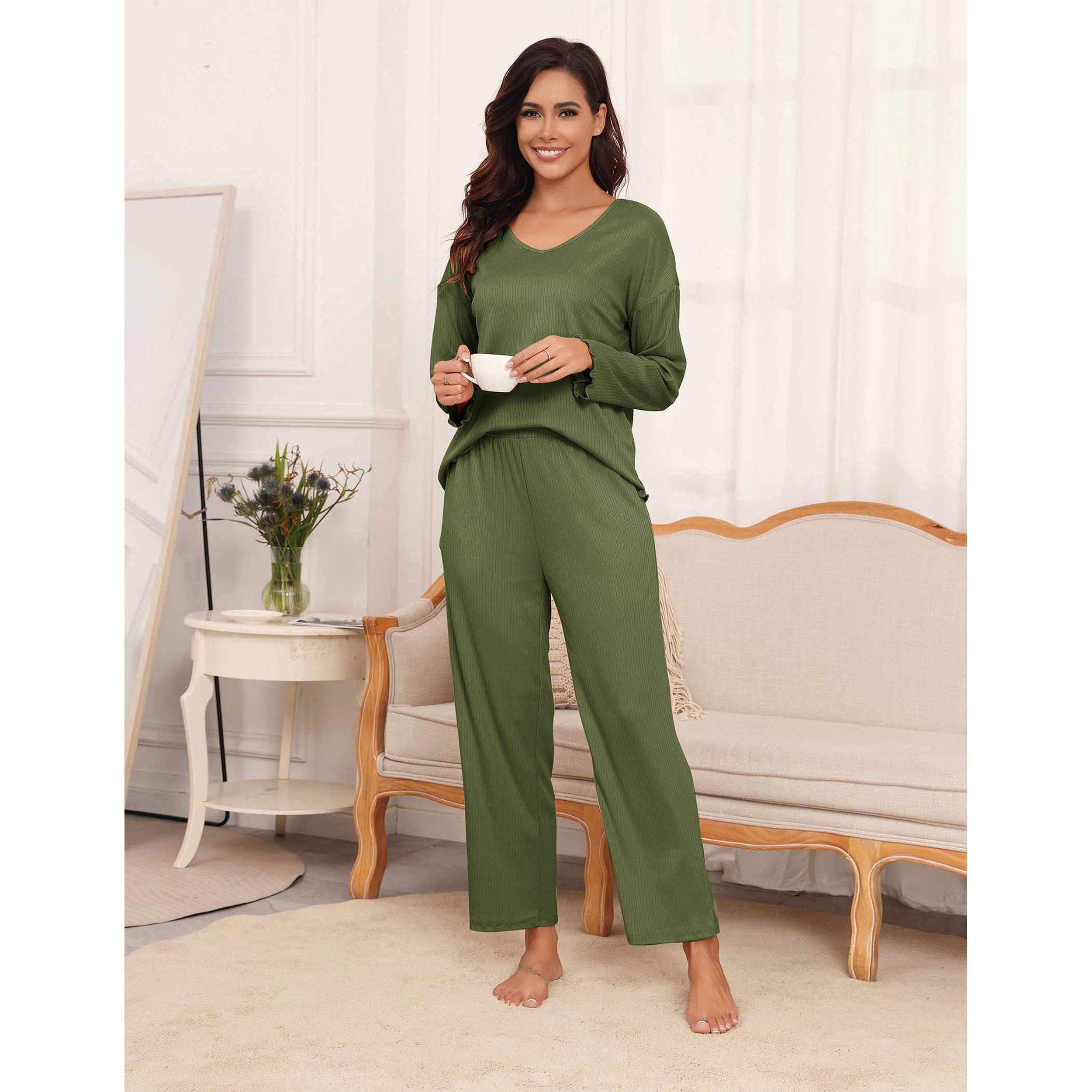 Ekouaer Womens Pajama Set Ribbed Knit Pajamas Two Piece Lounge Long Sleeve Top and Pants