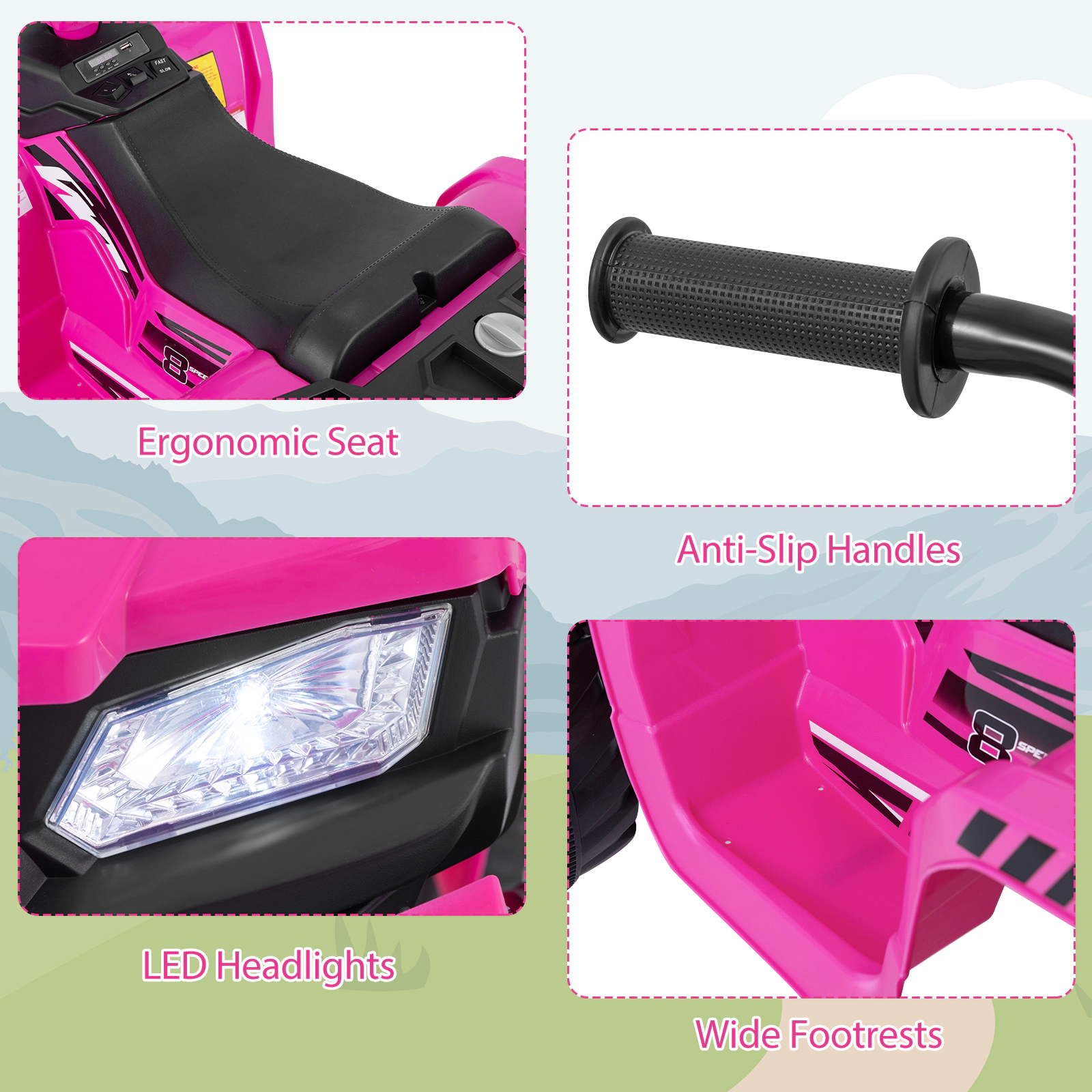 SUGIFT Pink Media Center and 2 Speed Modes for Ages 3-8 24V Kids Ride-On Electric ATV