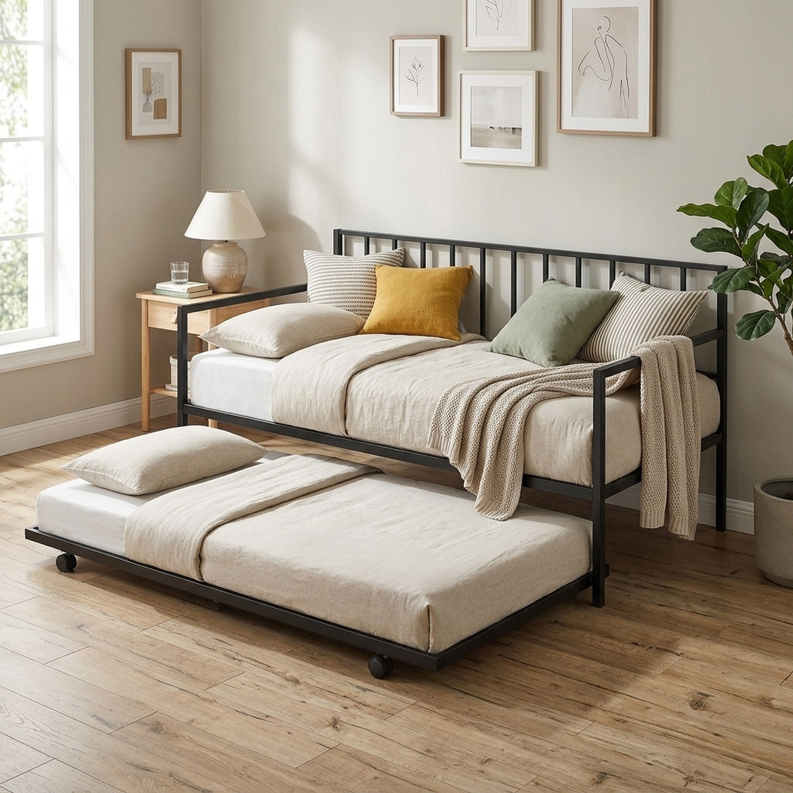 SUGIFT Twin Daybed with Rolling Trundle, Steel Slat Platform, Black