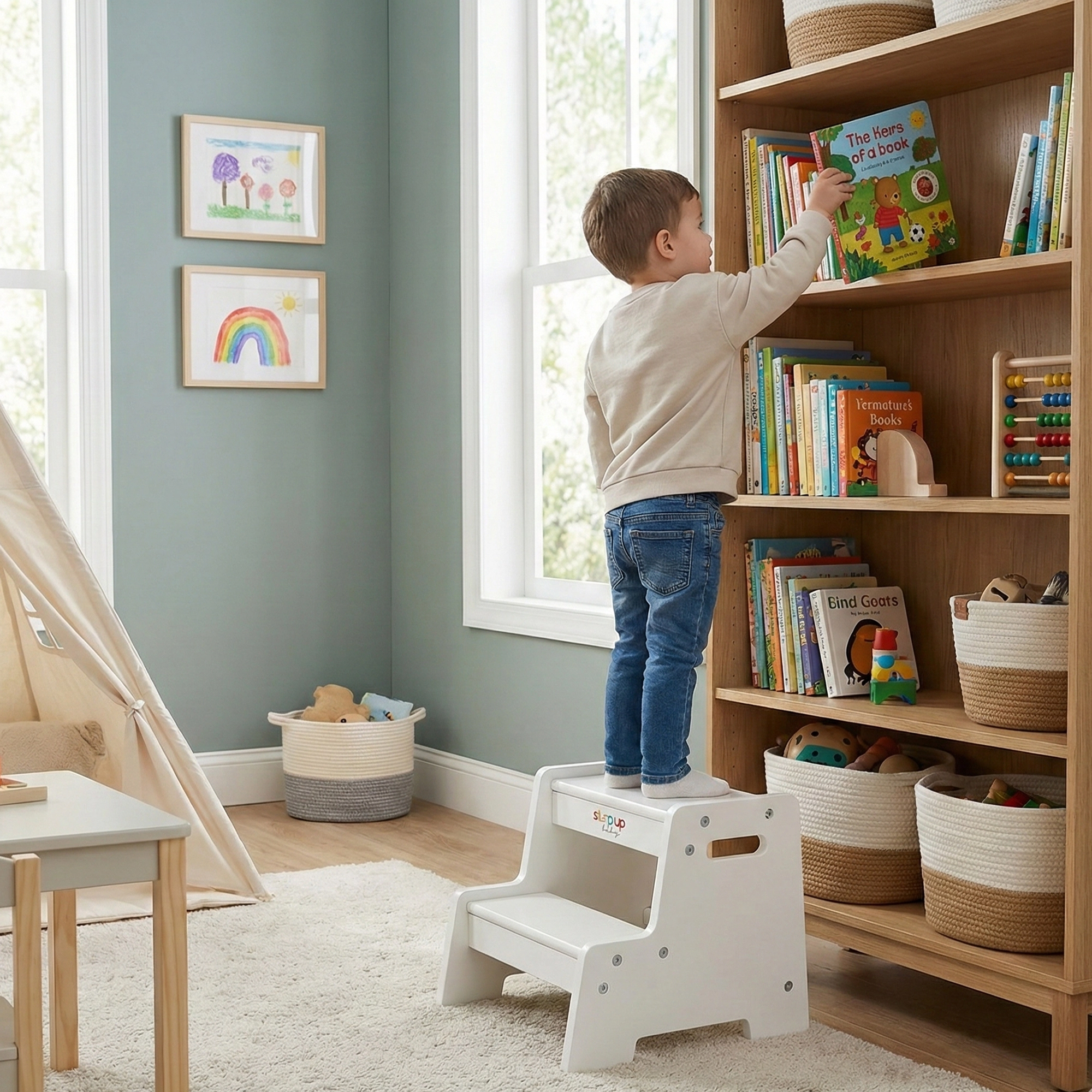 Stepup Baby® Wooden 2-Step Stool - White for Toddlers from Age 3+ | Toddler Stool Helps Children Reach Sinks