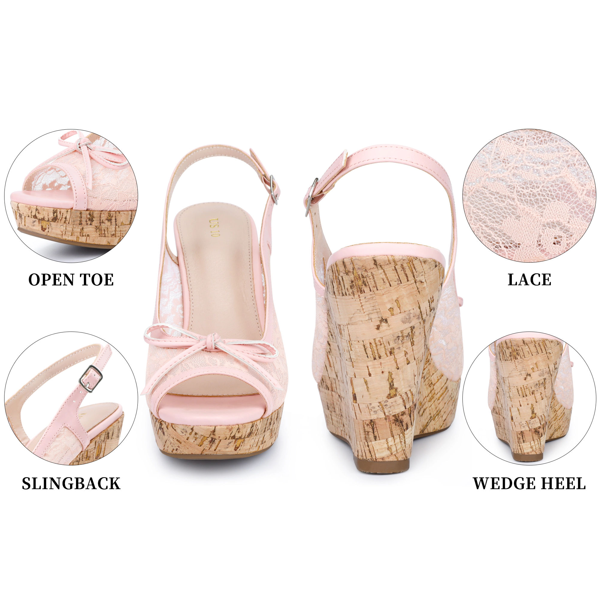 BLISSFUL STEP Women's Lace Bow Open Toe Platform Slingback Wedge Heels Sandals