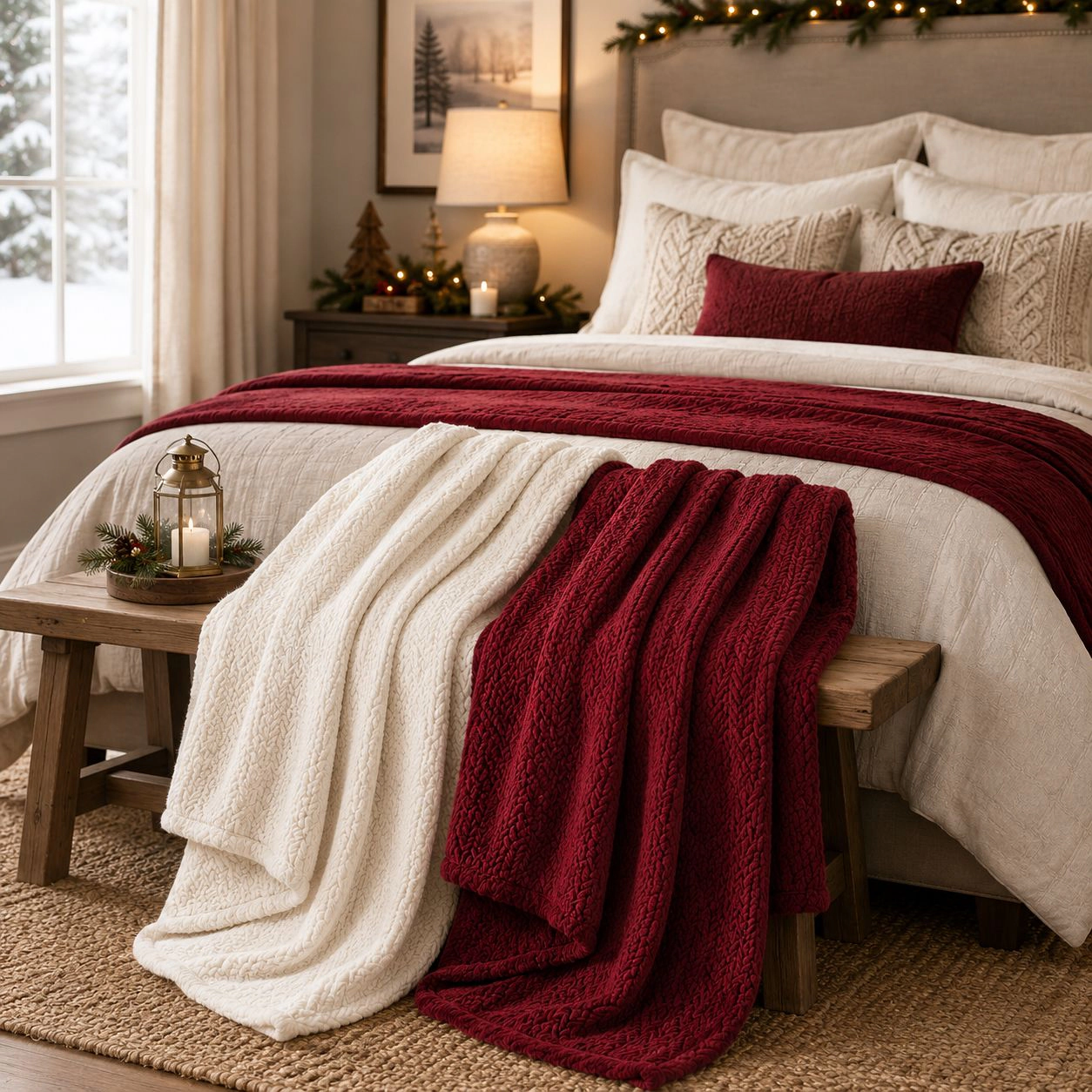 Kate Aurora 2 Pack Burgundy Ivory Christmas Coordinated Herringbone Accent Throw Blankets