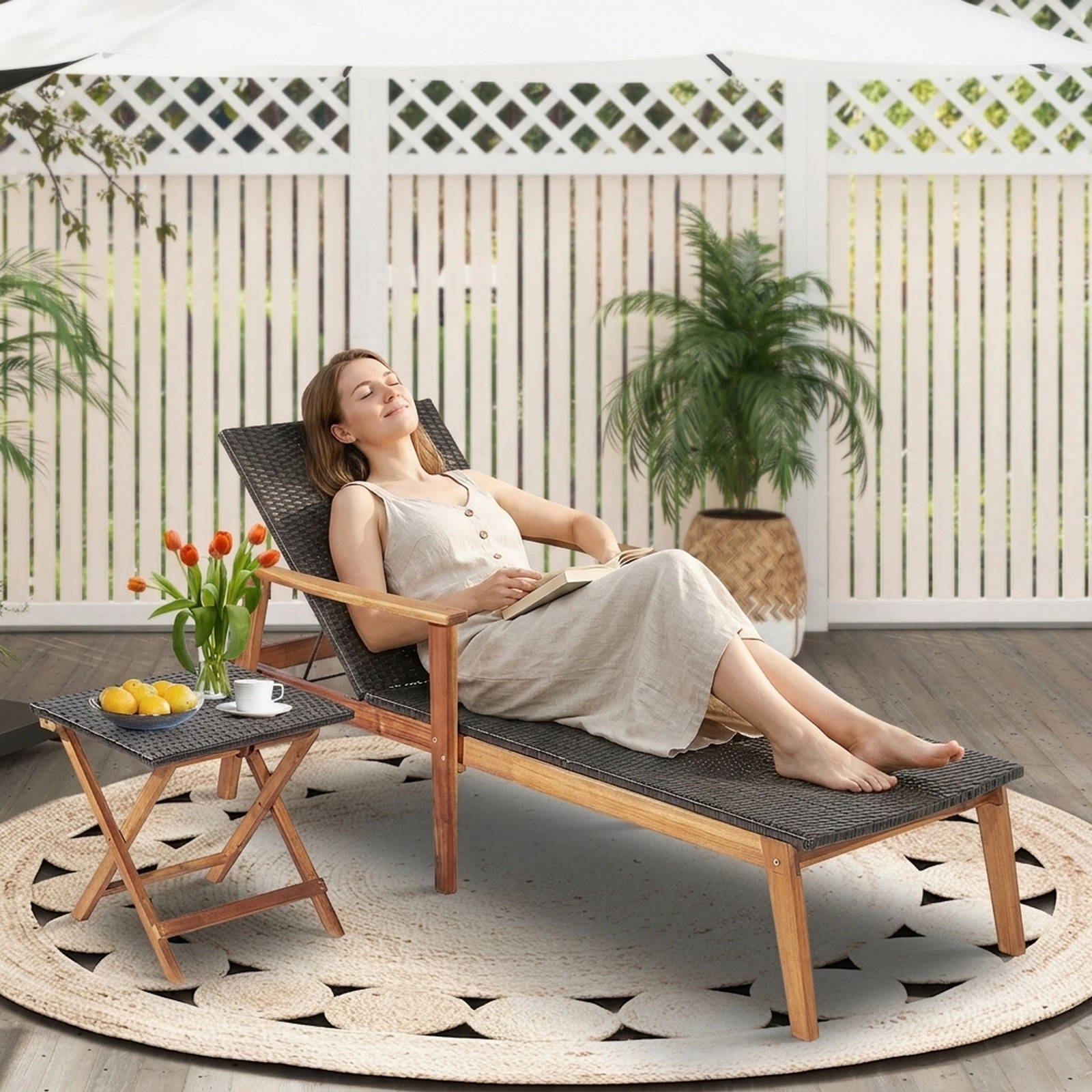 SUGIFT Patio Chaise Lounge, Adjustable Backrest, Acacia Wood Frame, Mixed Brown PE Wicker