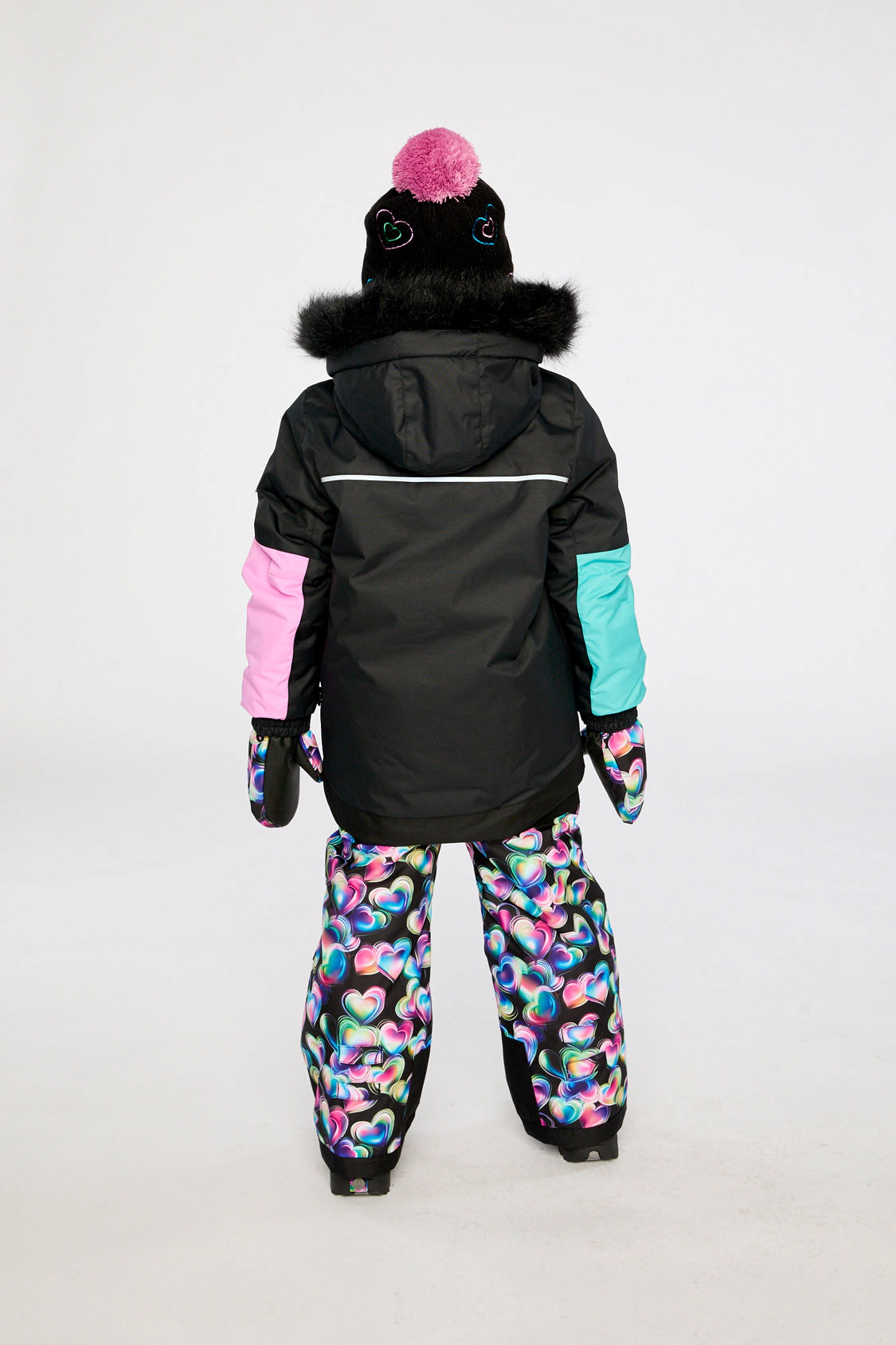 Deux par Girls Colorblock Two Piece Play Snowsuit with Hooded Jacket and Heart Print Snow Pants