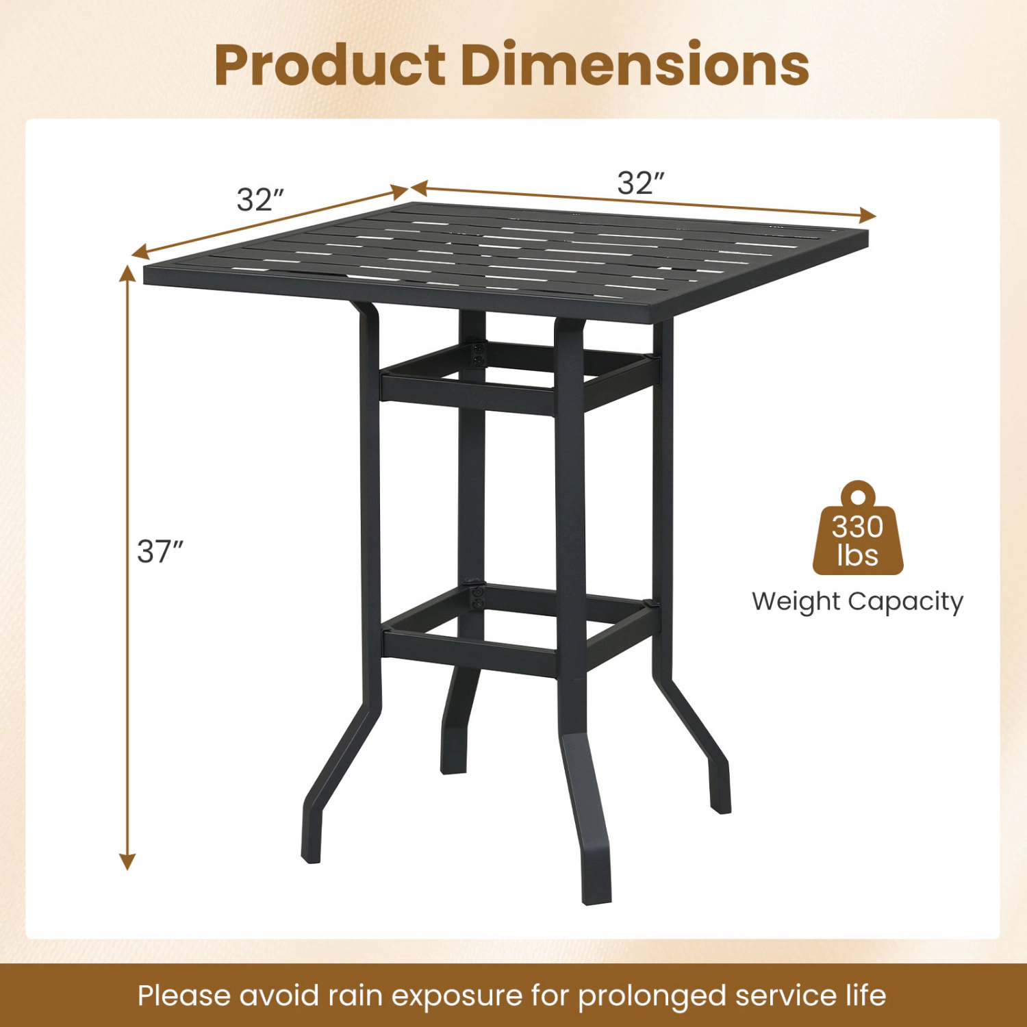 LJG 32 Inches Outdoor Steel Square Bar Table with Powder-Coated Tabletop