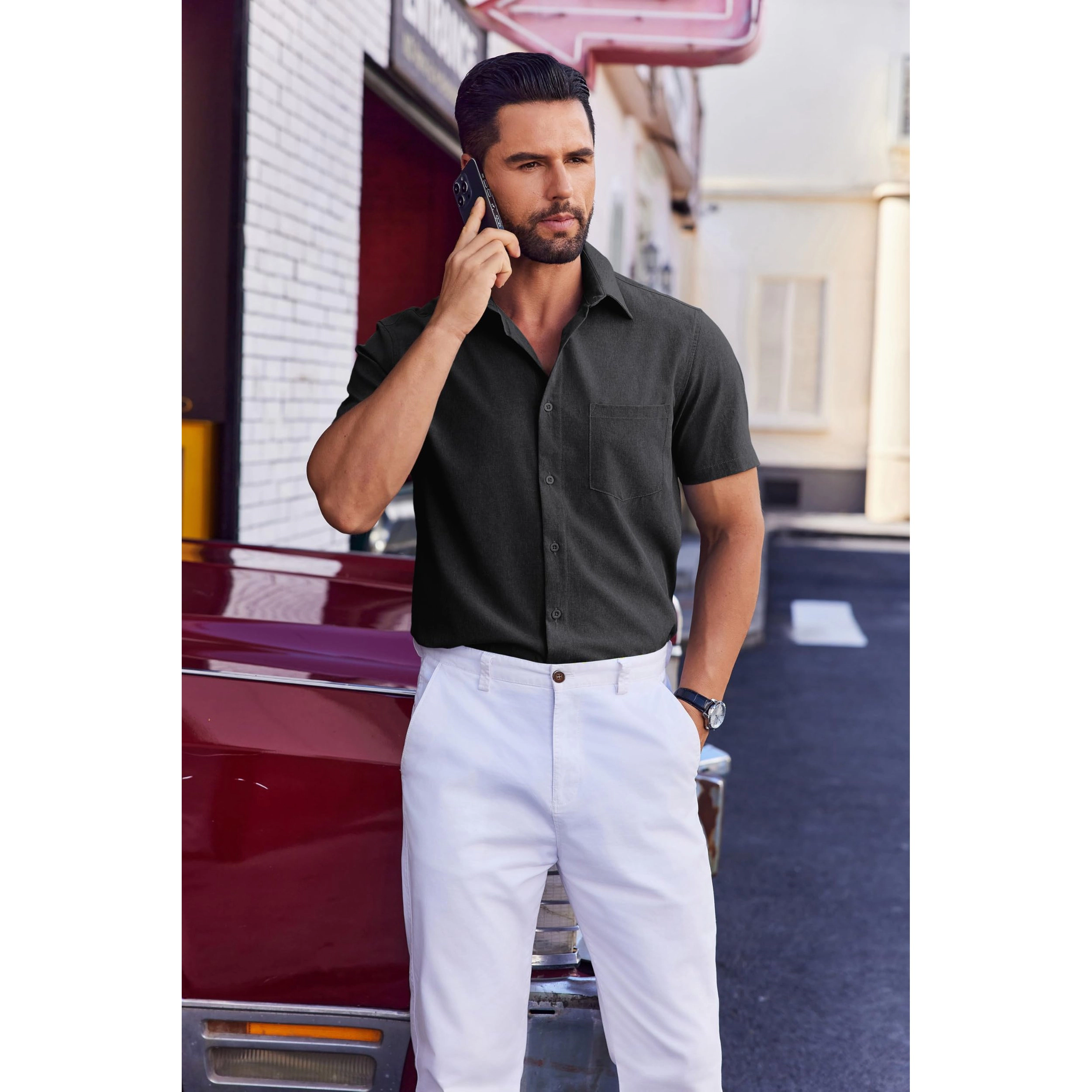 COOFANDY Mens Short Sleeve Button Down Shirt Classic Collar Chest Pocket Casual Top