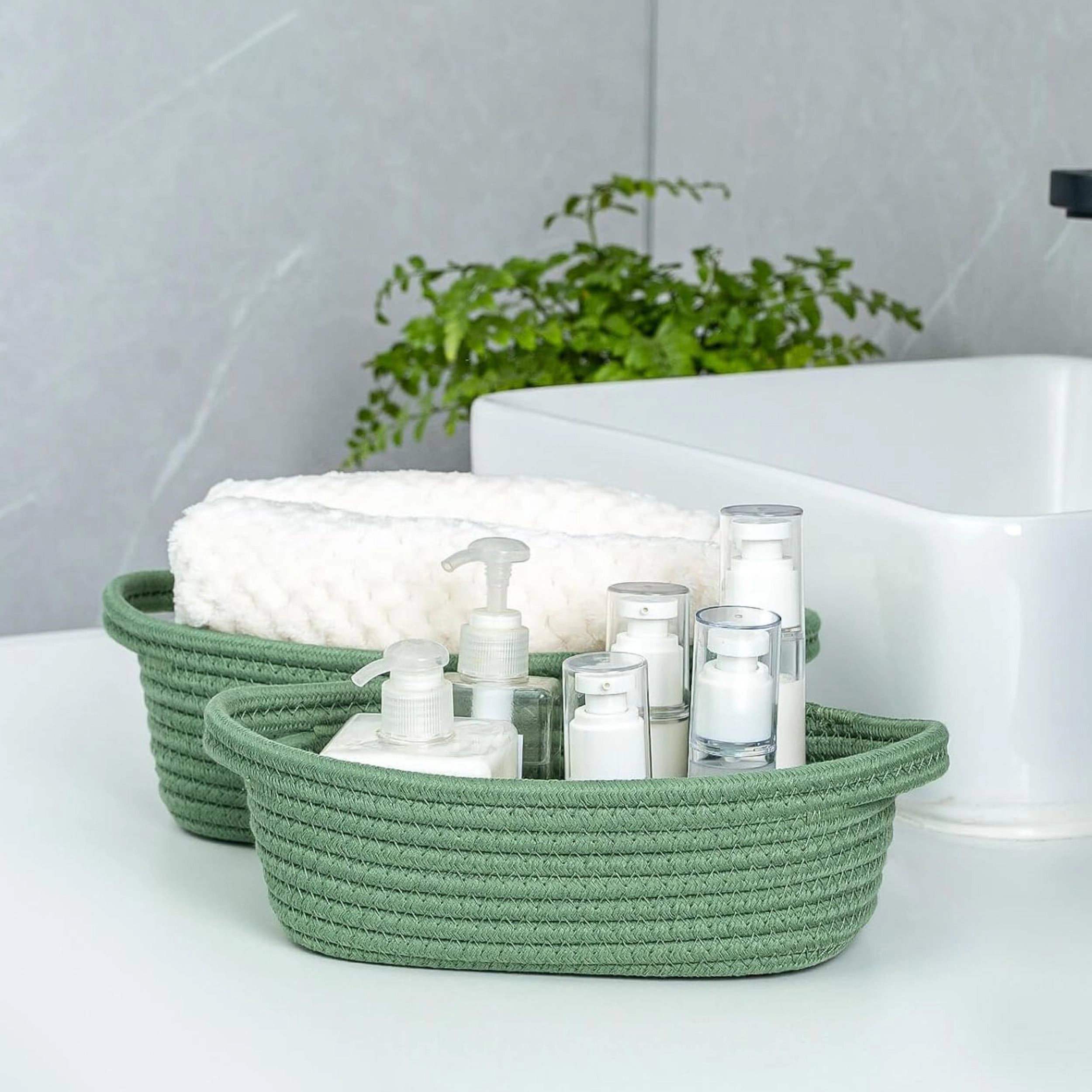 Stock Preferred Pack of 5 Cotton Rope Storage Baskets with Handles for Shelves and Countertops