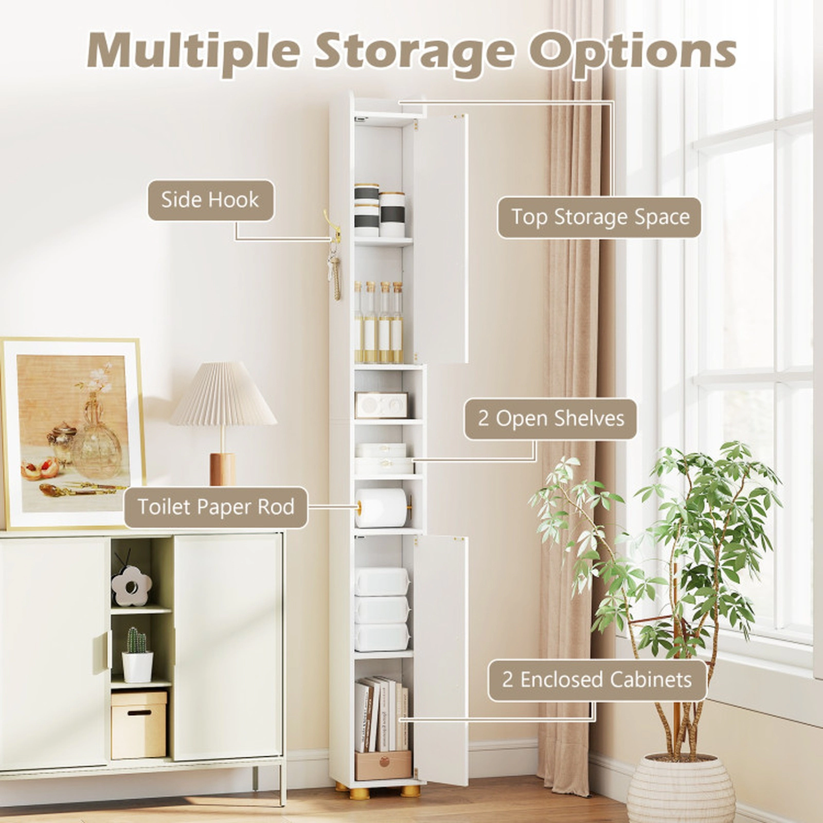 SUGIFT Narrow Toilet Paper Holder 2 Open Shelves Bathroom Storage Cabinet 8-in x 8-in x 69.5-in 11-lb per Shelf White