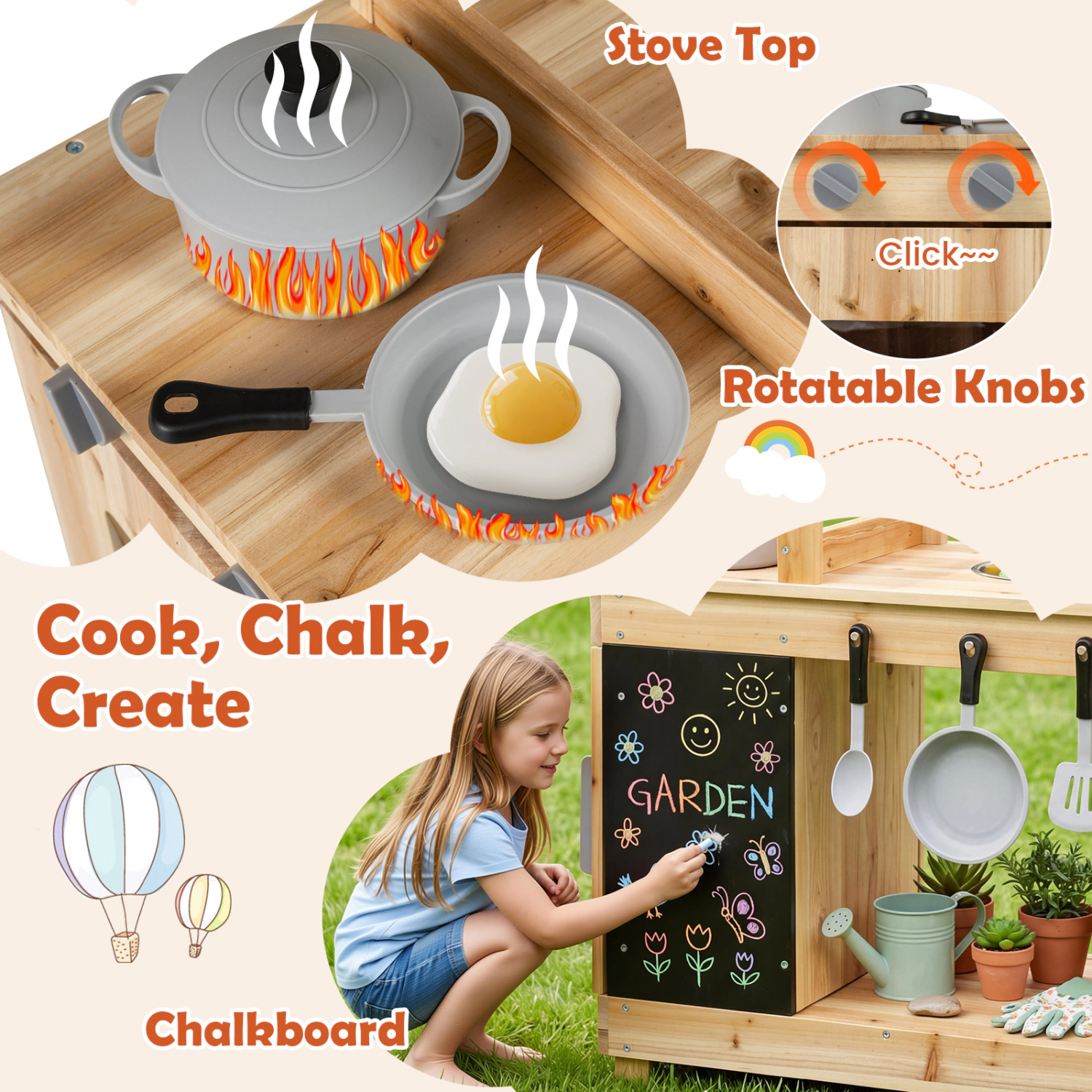Hivvago Kids Outdoor Wooden Mud Kitchen with Stoves and Chalkboard