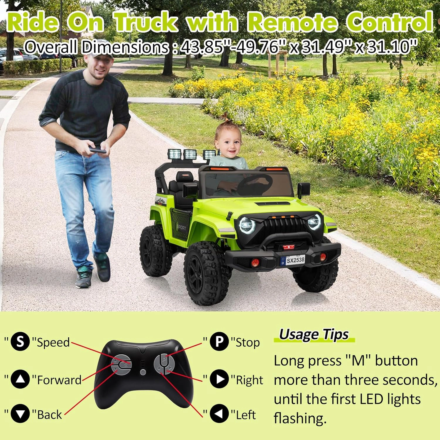 24V 2-Seater Kids Ride On Truck, Electric Car with 4WD 800W Motor,Parent Remote Control,3 Speeds& Built-in Music Player