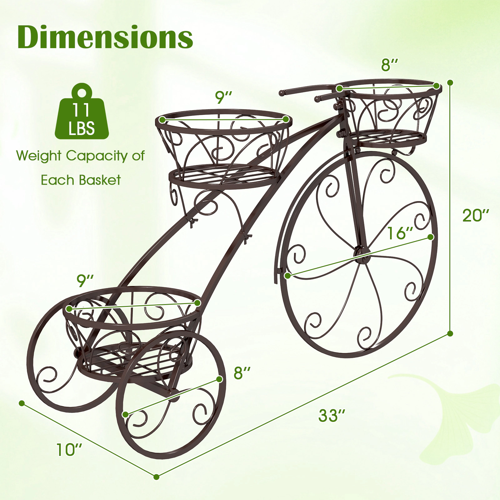 SUGIFT 3-Tier Tricycle Bicycle Metal Planter Flower Pot Stand Cart with Openwork Baskets for Patio