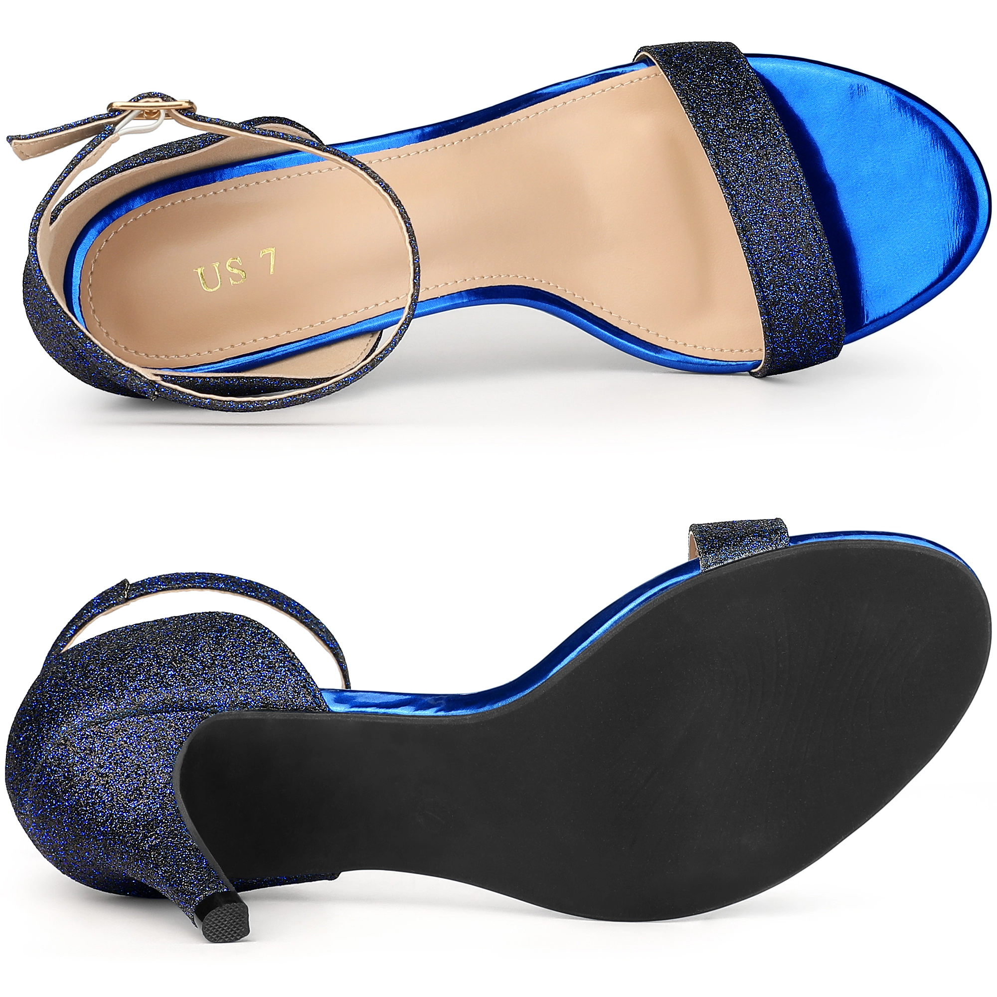 BLISSFUL STEP Women's Glitter Ankle Strap Stiletto Heel Sandals