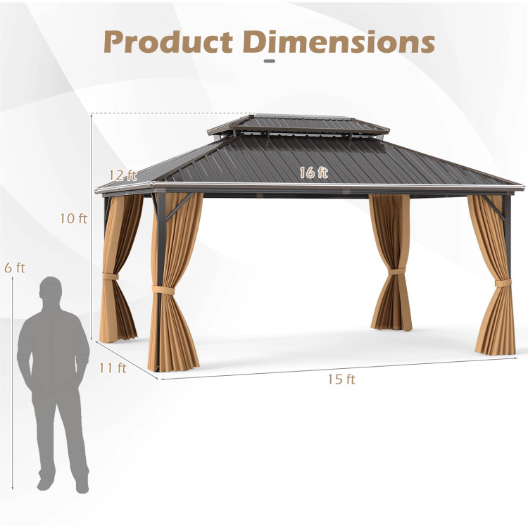 Hivvago 16 x 12 Feet Hardtop Gazebo Aluminum Frame Permanent Pavilion with Curtains and Netting