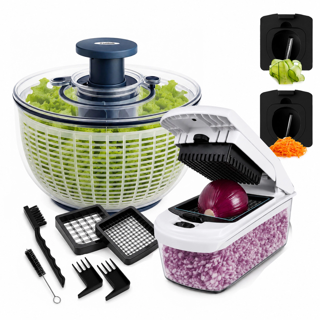 Luminuxe Salad Spinner & Vegetable Chopper Set, 5.3qt Spinner with 4‑in‑1 Multipurpose Chopper & Spiralizer Combo
