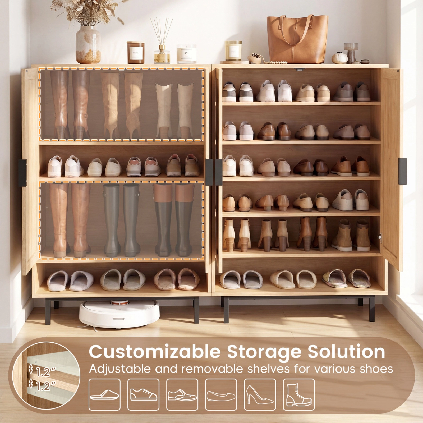 SUGIFT 6-Tier Natural 43-in Tall Shoe Cabinet with Rattan Accent Double Doors and Open Compartment