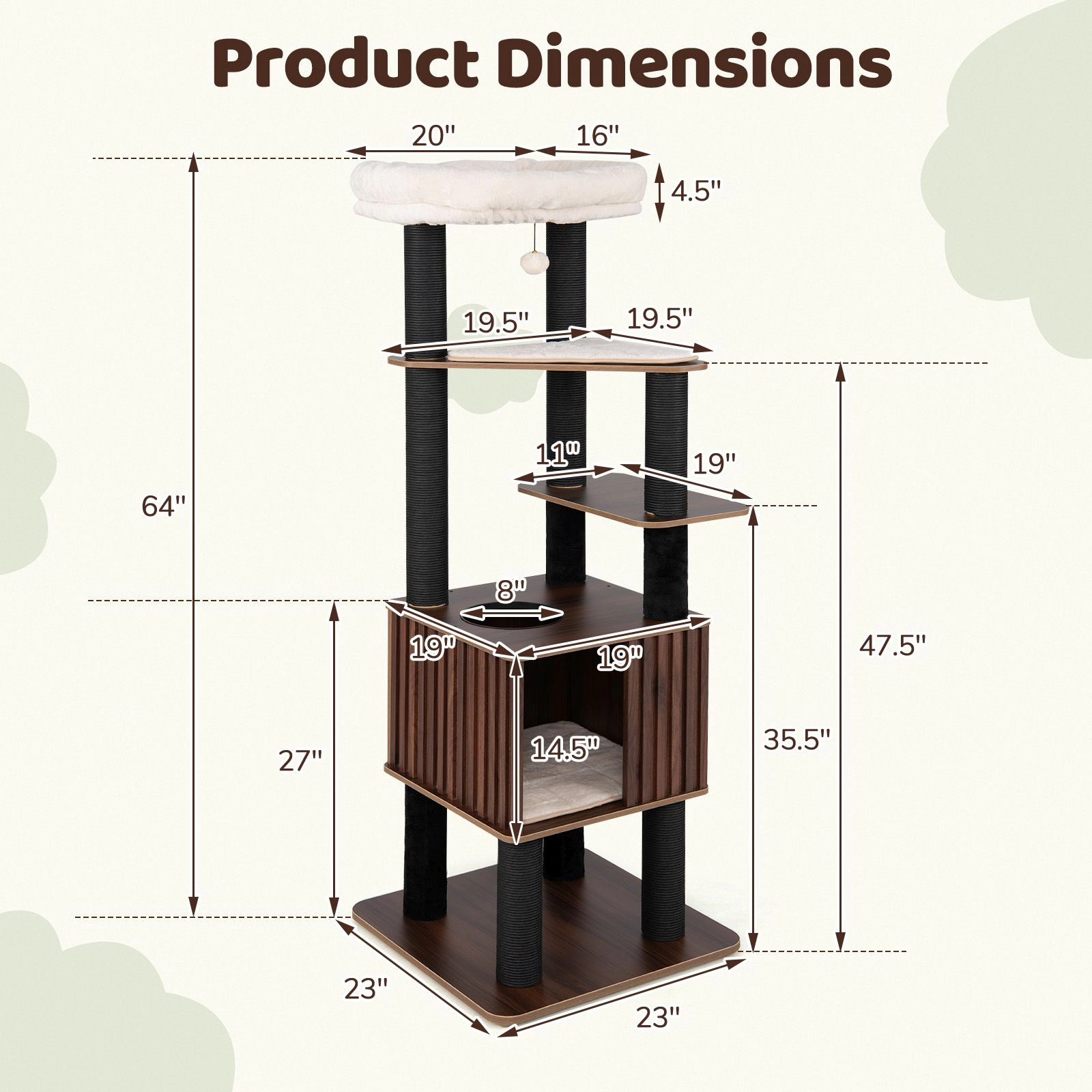 SlickBlue 64" Cat Tower with 6 Levels, Scratching Posts & Cat Condo