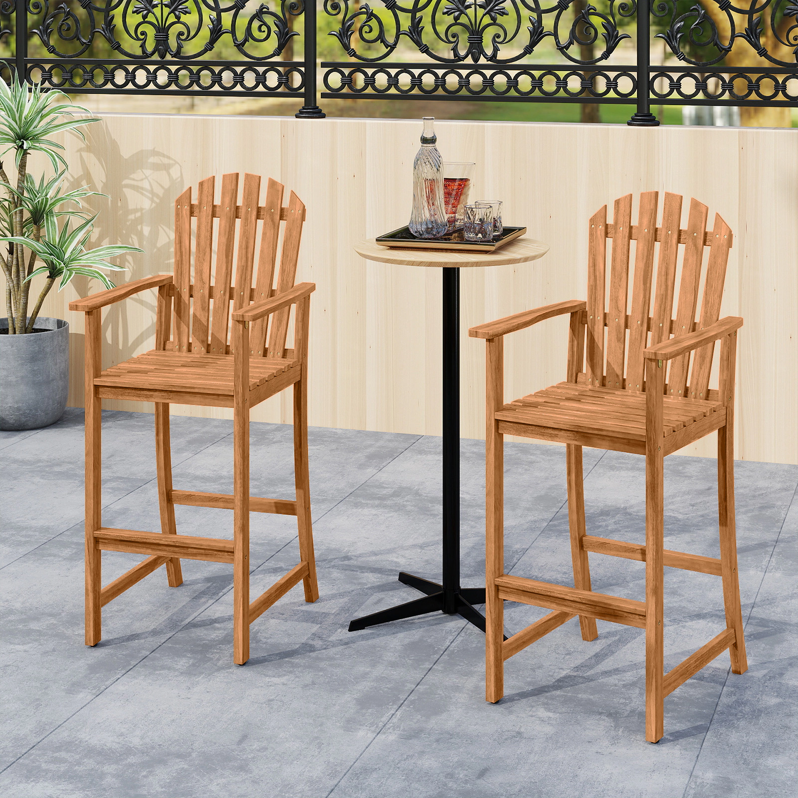 SUGIFT Natural Armrests and Footrest for Deck Tall Acacia Wood Adirondack Bar Chair