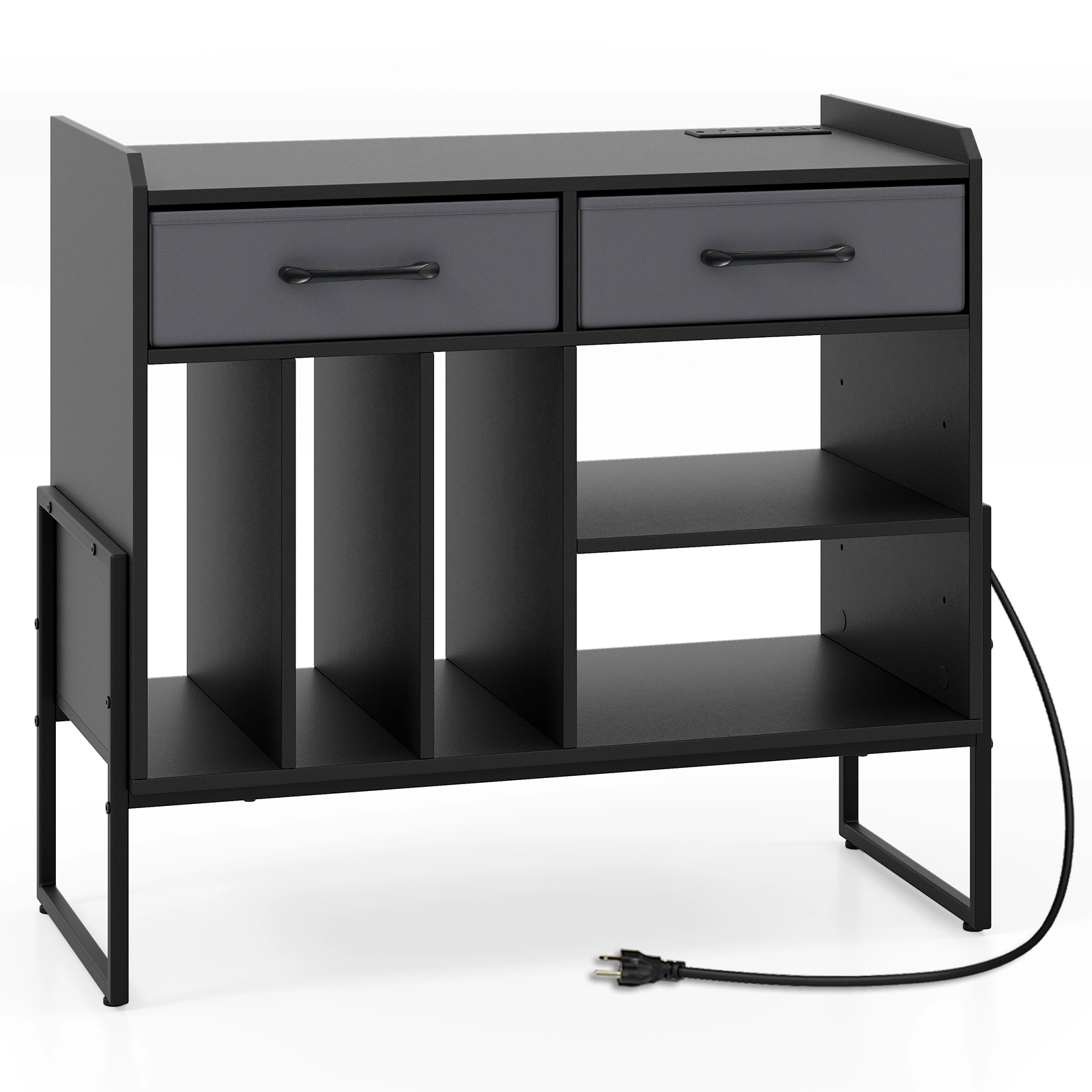 SUGIFT Large Record Player Stand Black with Charging Station and Vinyl Storage Cabinet