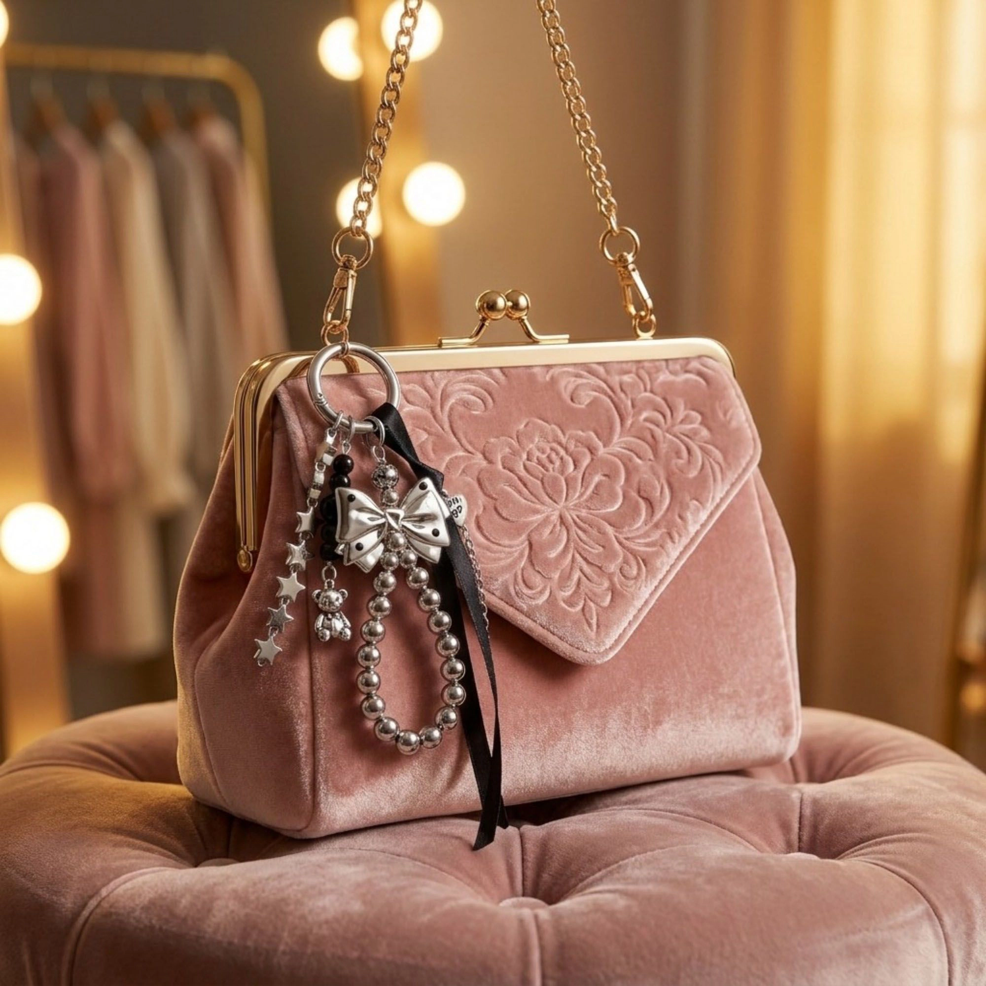 Alilang Women's Bow Beaded Charm Keychain with Star Chain Teddy Bear Pendant Ribbon Tassel Bag Charm Key Ring Accessory