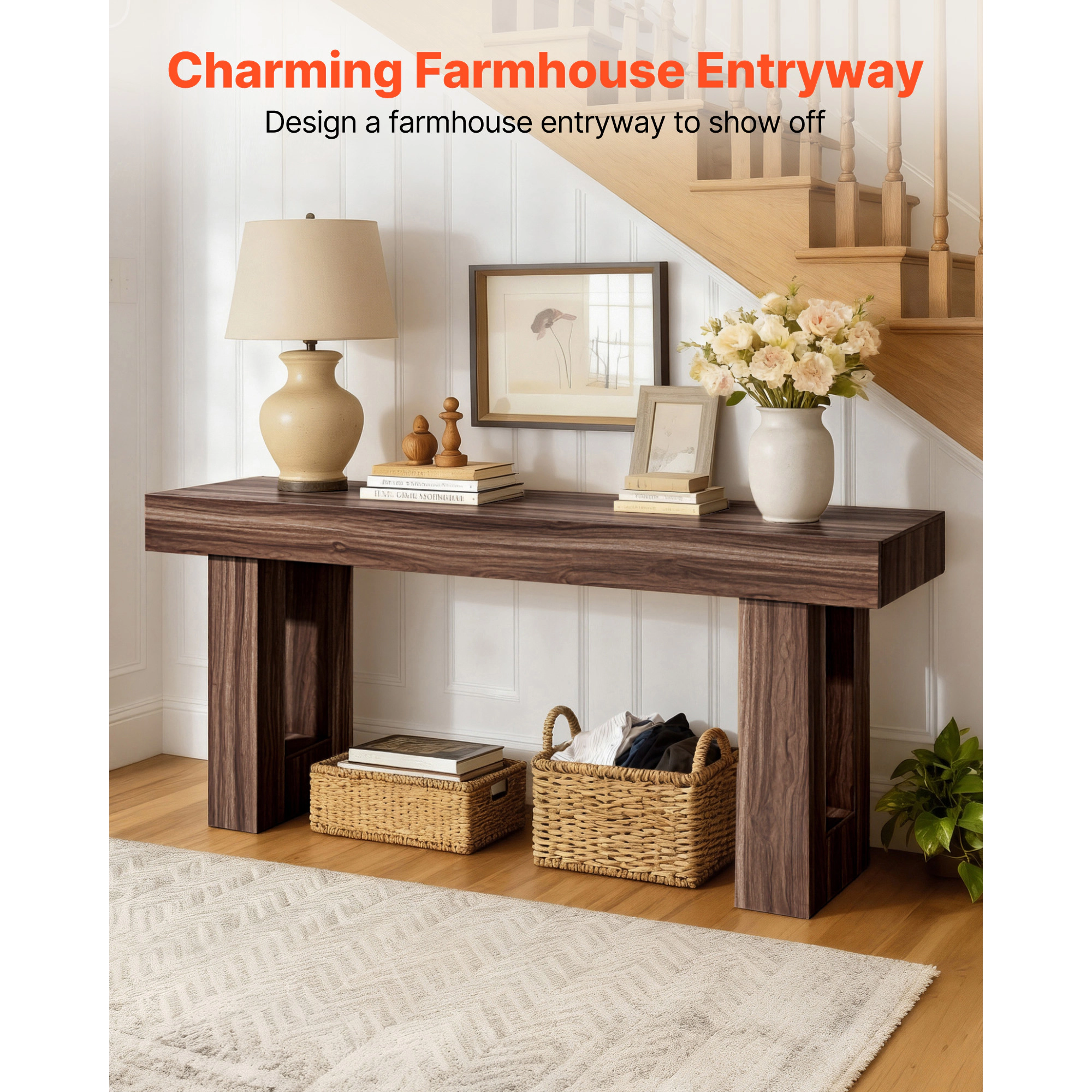 HONGGE Farmhouse Console Table Behind Couch, Wooden Rectangle Narrow Sofa Desk for Hallway Bedroom Living Room Foyer