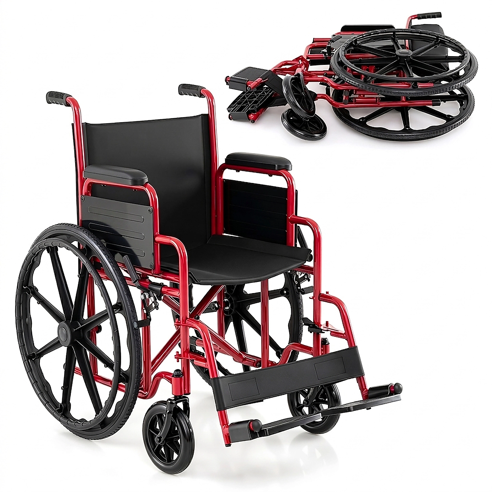 SUGIFT Red Folding Wheelchair, 330-Lb Capacity, Swing-Away Footrests, Desk-Length Arms