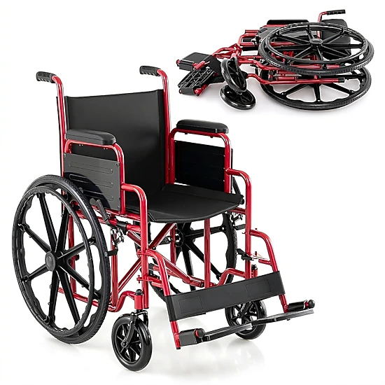SUGIFT Red Folding Wheelchair, 330-Lb Capacity, Swing-Away Footrests, Desk-Length Arms