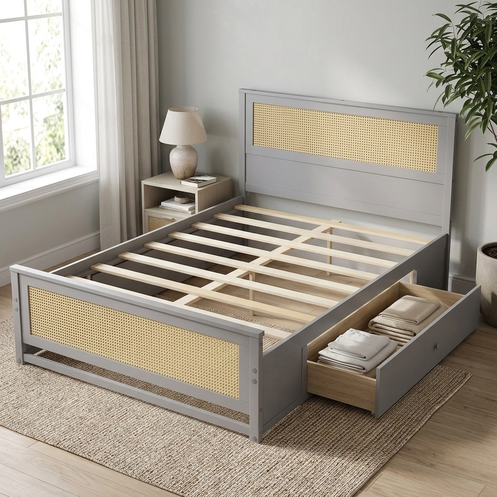 Full Size Rattan Bed Frame with 2 Storage Drawers Gray Boho Platform Bed with Woven Headboard Metal Drawer Slides