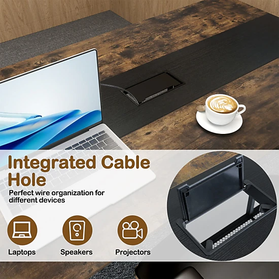 SUGIFT Rustic Brown Mesh Storage Shelf and Cable Grommet 71 Inch Rectangular Conference Table