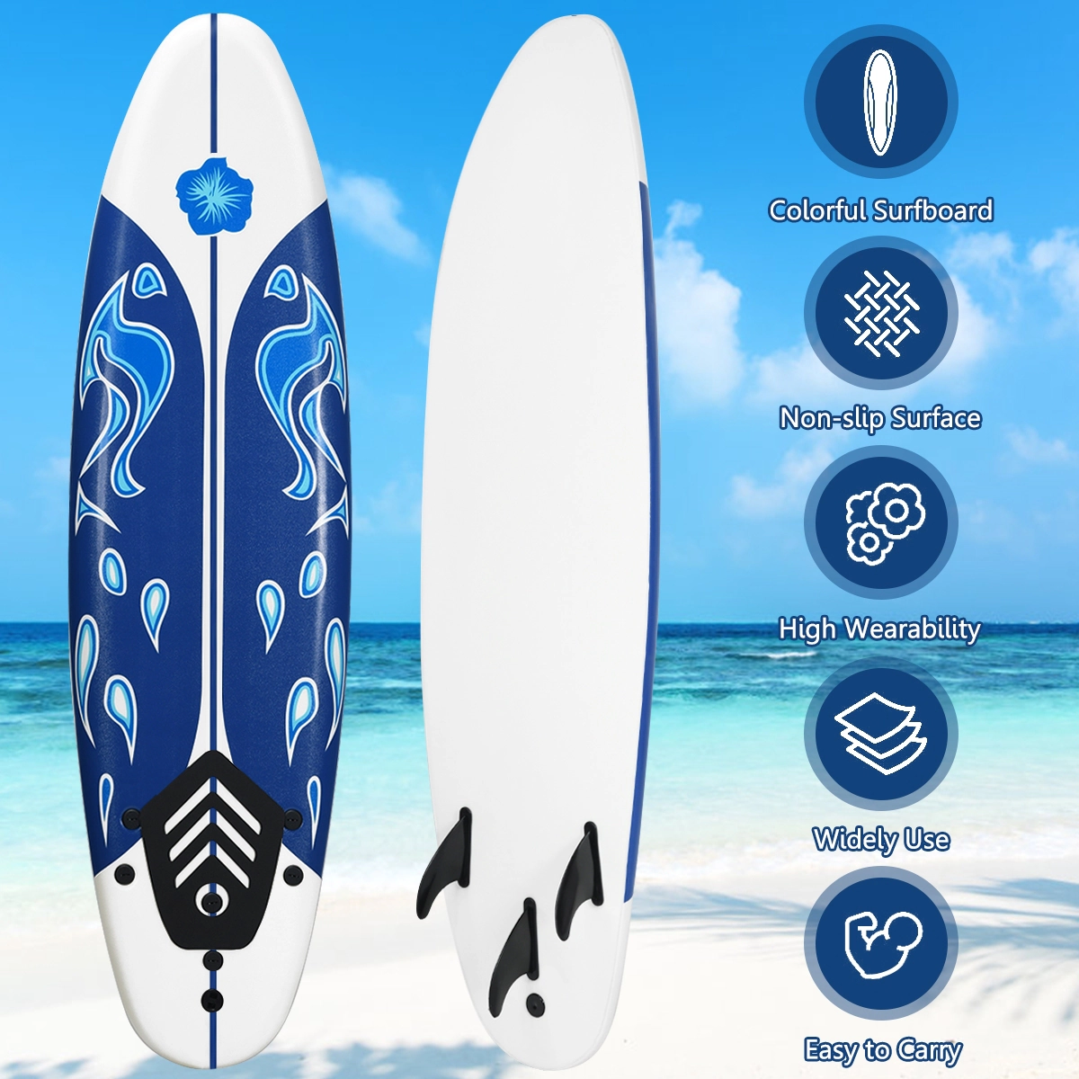 SUGIFT 6-ft 200-lb Capacity Soft Top Foam Surfboard with Slick HDPE Bottom 3 Detachable Fins and Leash
