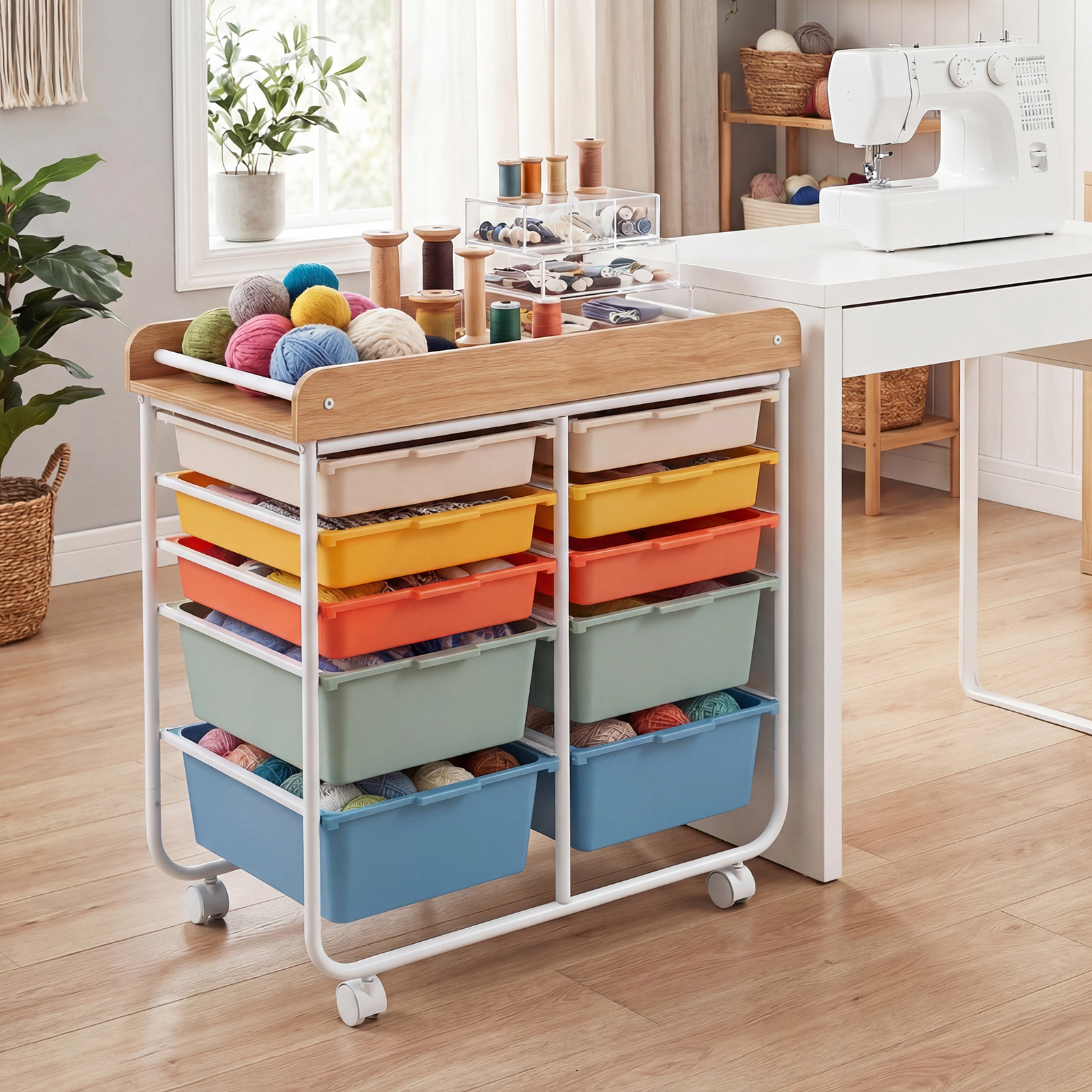 SUGIFT 10-Drawer Rolling Cart Macaron with Wooden Tabletop and Lockable Wheels for Office