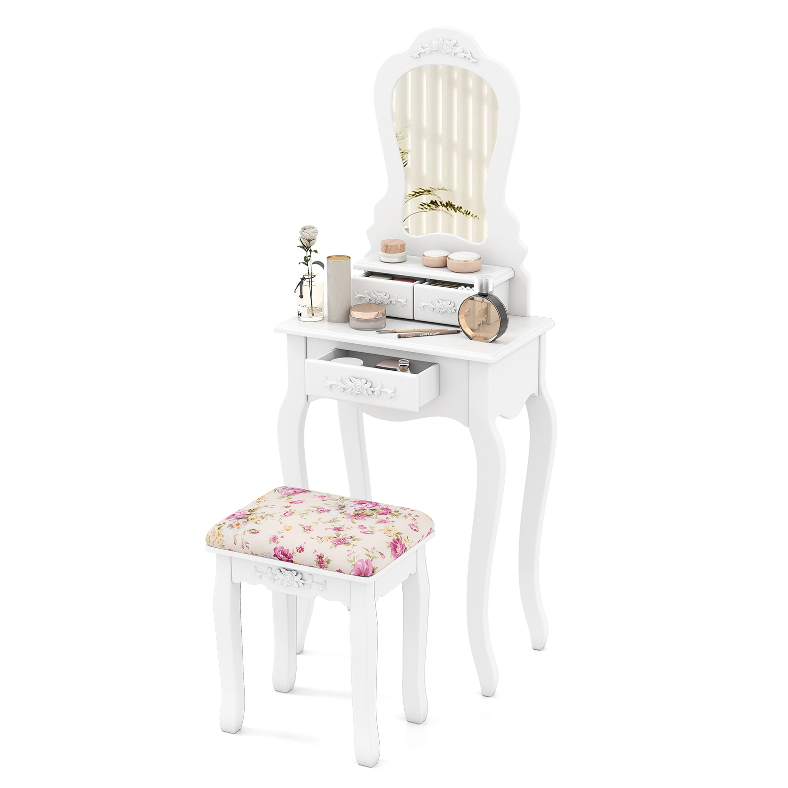 LJG Makeup Dressing Table and Bench 3 Drawers and Cushioned Stool for Girls