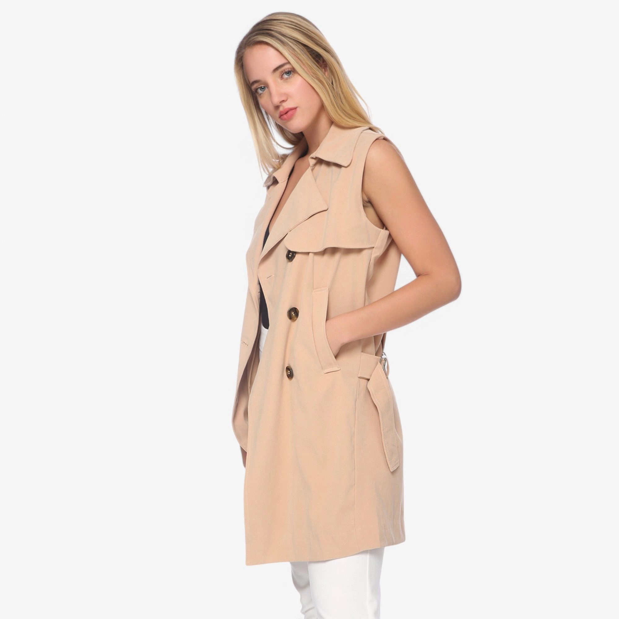 Anna-Kaci Women's Sleeveless Trench Coat with Button Front and Pocket Detail