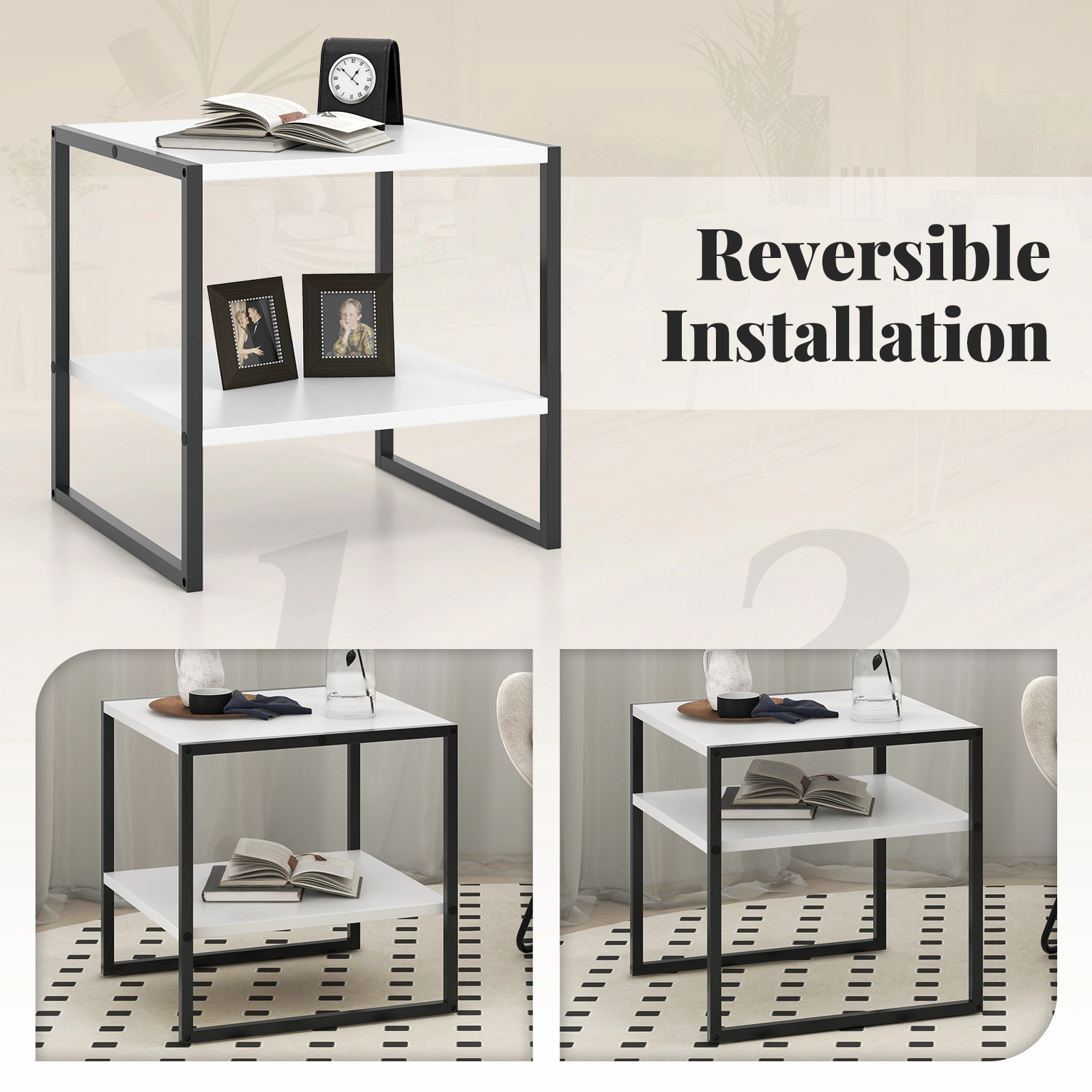 SUGIFT 2-Tier Square End Table Reversible Storage Shelf 55-lb Tabletop Capacity 16.5-lb Shelf Capacity White + Black
