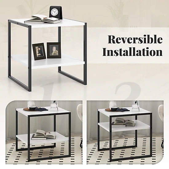 SUGIFT 2-Tier Square End Table Reversible Storage Shelf 55-lb Tabletop Capacity 16.5-lb Shelf Capacity White + Black