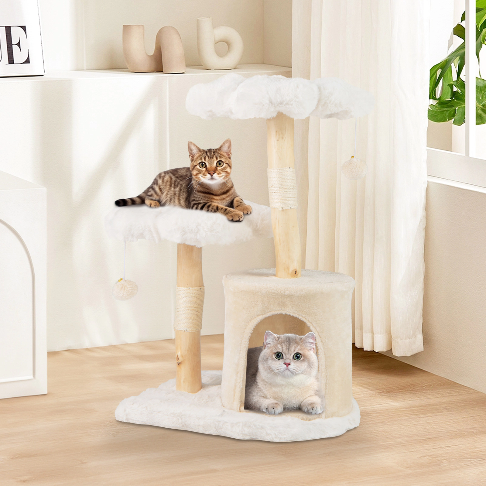 SUGIFT Beige Solid Wood Cat Tree with Natural Branch Posts and Flower Platforms