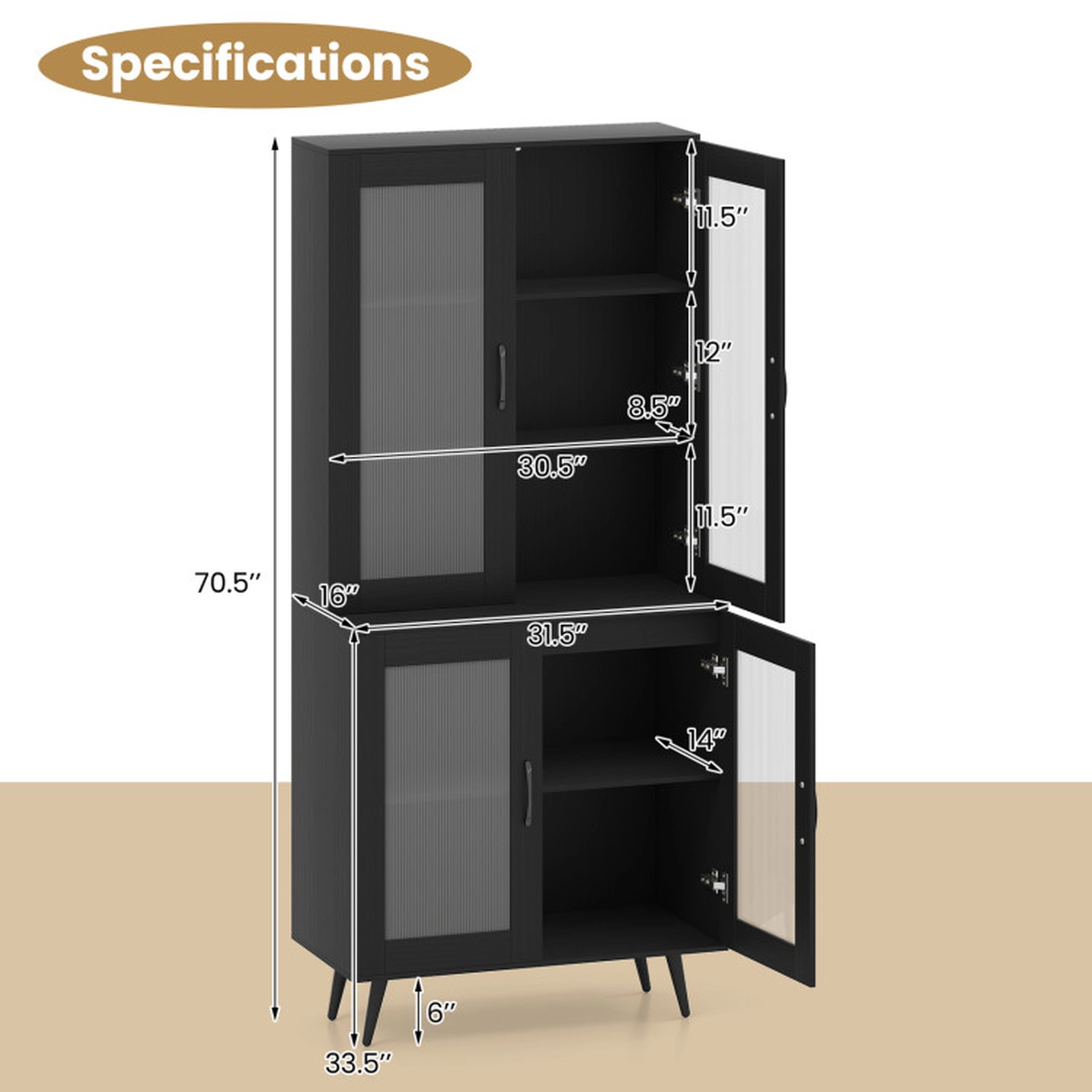SUGIFT Tall Kitchen Pantry Cabinet Cupboard Sideboard with 4 Transparent Doors Adjustable Shelves Black