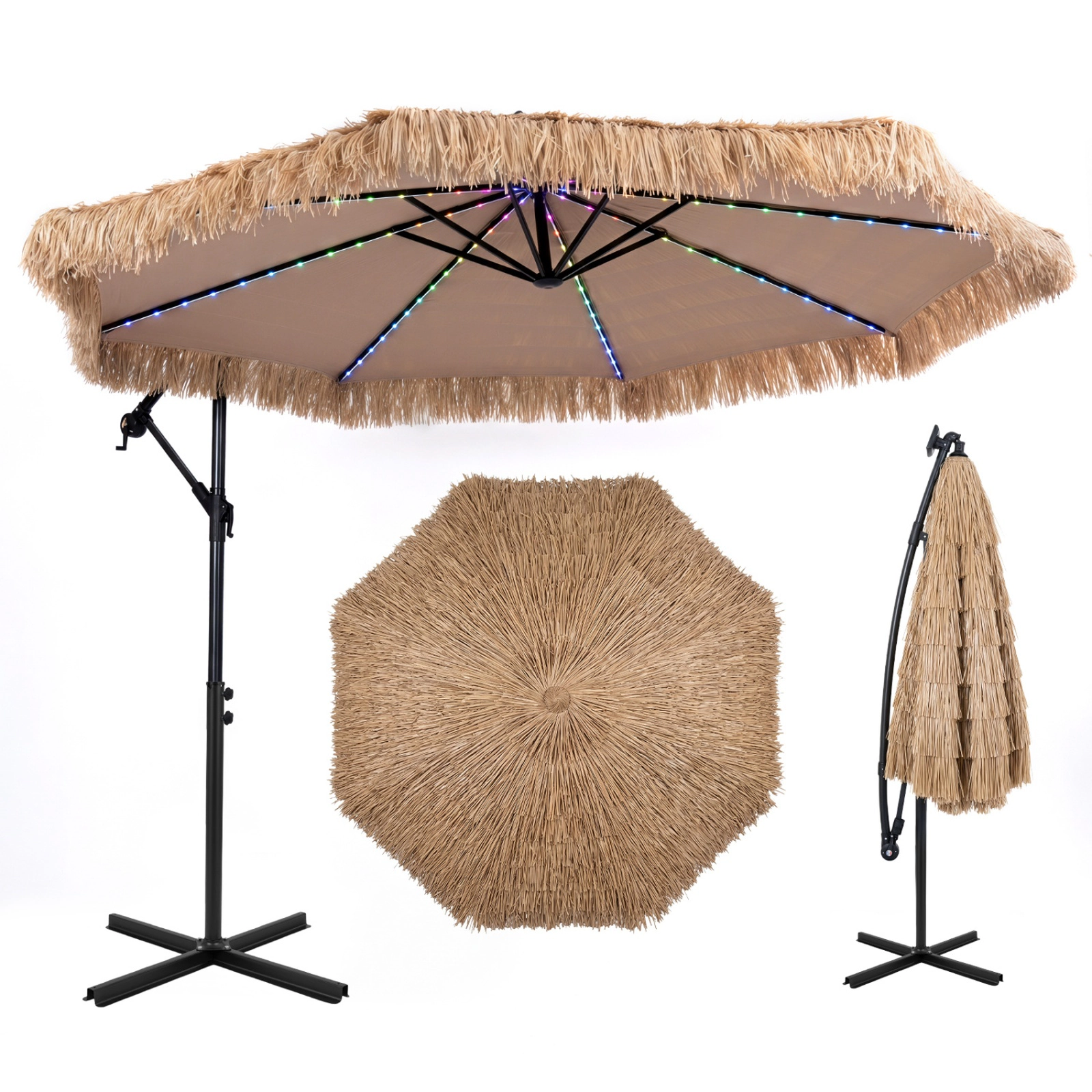 SUGIFT Solar Thatched Cantilever Umbrella with 96 Multi-Color Lights and 12 Modes 10-ft Canopy Natural + Black