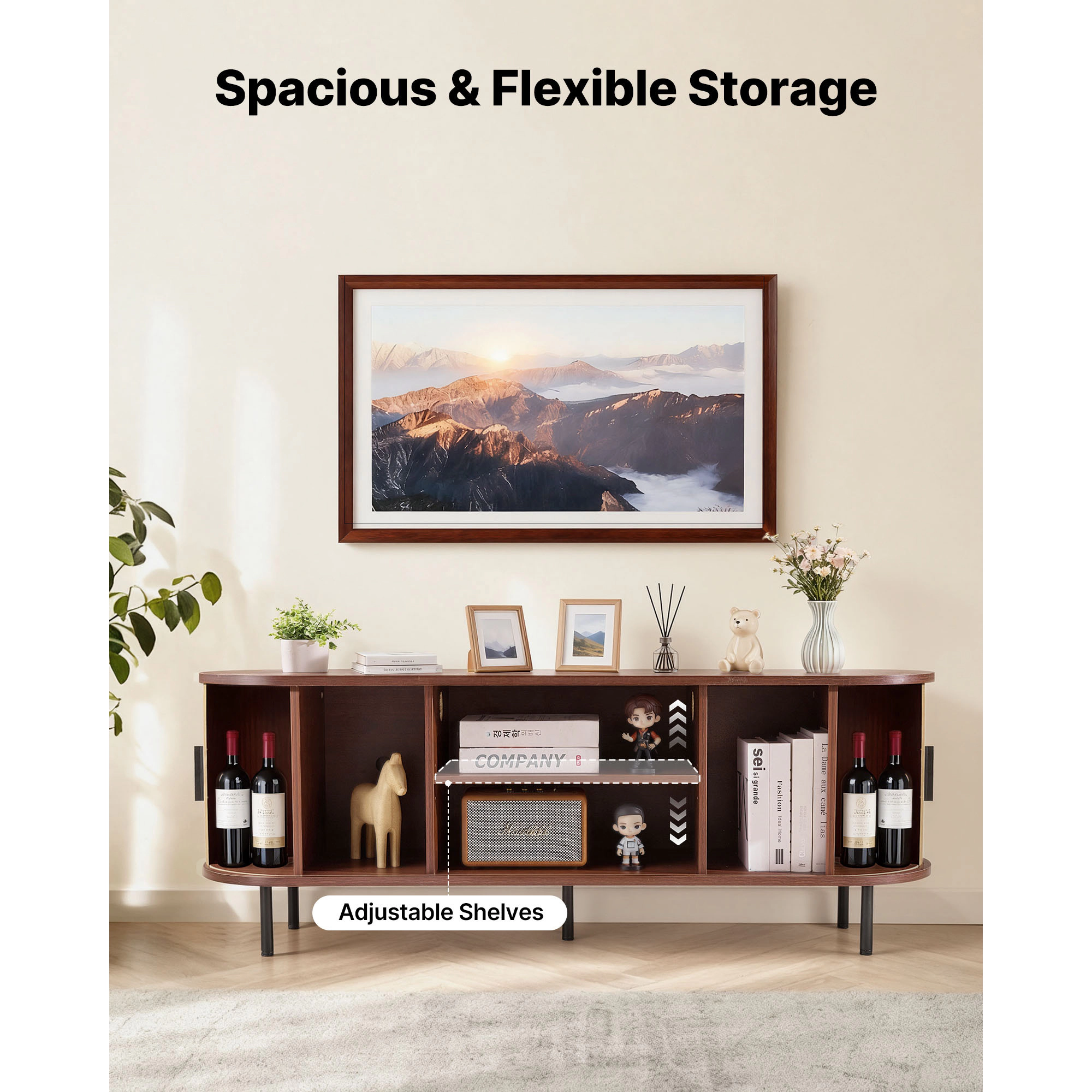 HONGGE Boho Entertainment Center for TVs up to 58 in, 350 lbs Load, with Adjustable Storage Shelves and Rolling Door