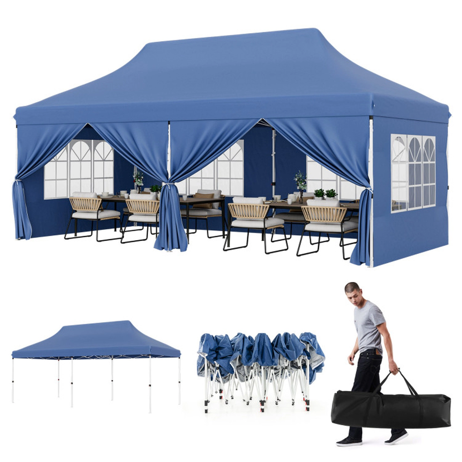 SUGIFT Blue 10-ft by 20-ft 3-Level UPF50+ 210D Oxford Pop Up Canopy Tent with 6 Sidewalls and Windows