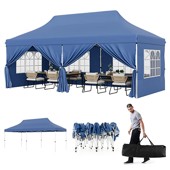 SUGIFT Blue 10-ft by 20-ft 3-Level UPF50+ 210D Oxford Pop Up Canopy Tent with 6 Sidewalls and Windows