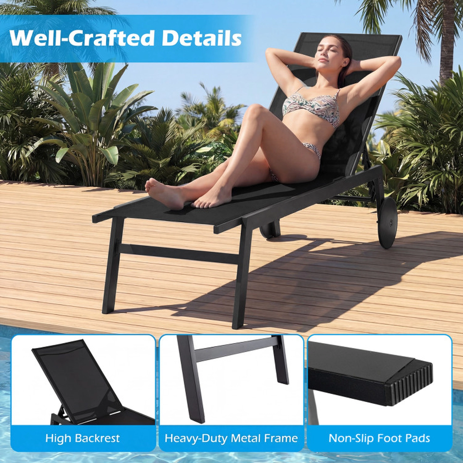 SUGIFT Patio Chaise Lounge Chair with Wheels and 6-Level Adjustable Backrest 330-lb Capacity Set of 2 Black