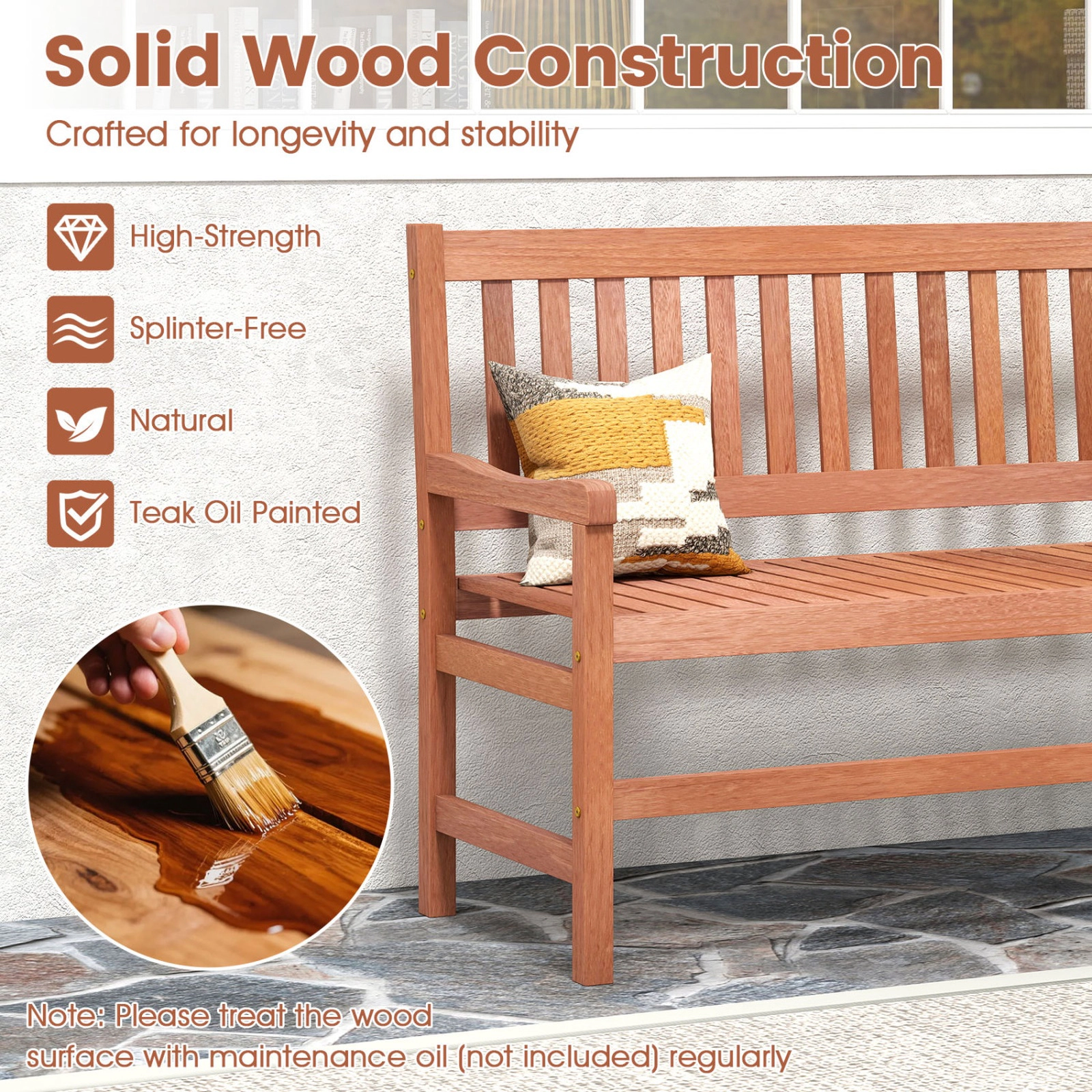 SUGIFT Solid Wood 44-in Outdoor Loveseat Bench 550-lb Capacity 2-Seat Teak Frame 41.5 x 19 in Seat Assembly Required