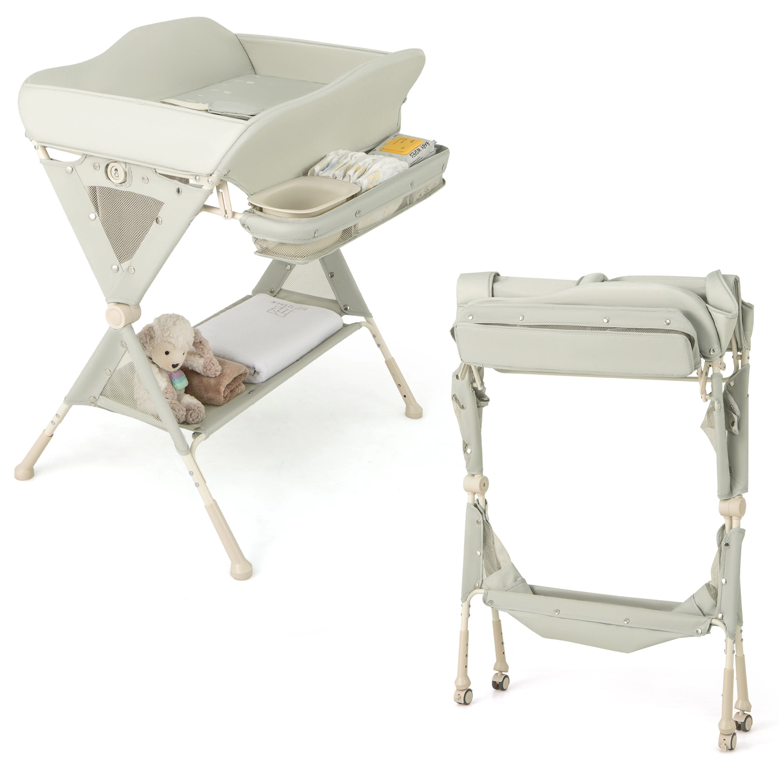 SUGIFT Baby Diaper Changing Table Green with Water Basin Growth Ruler and Wheels