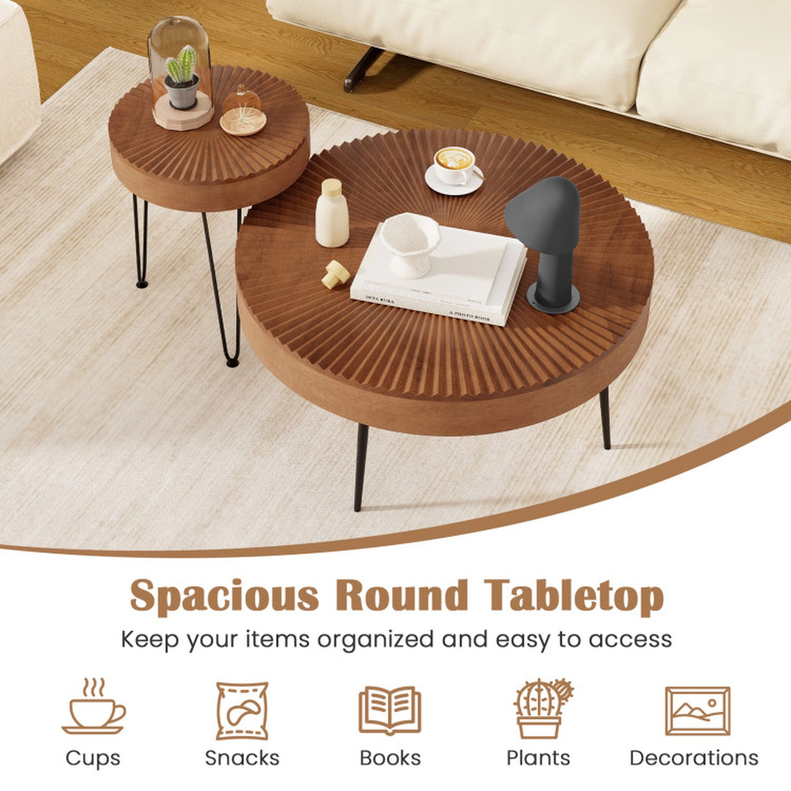SUGIFT Set of 2 Boho Round Coffee Tables with Solid Pine Wood Top and Metal Legs 180-lb and 135-lb Capacity Brown