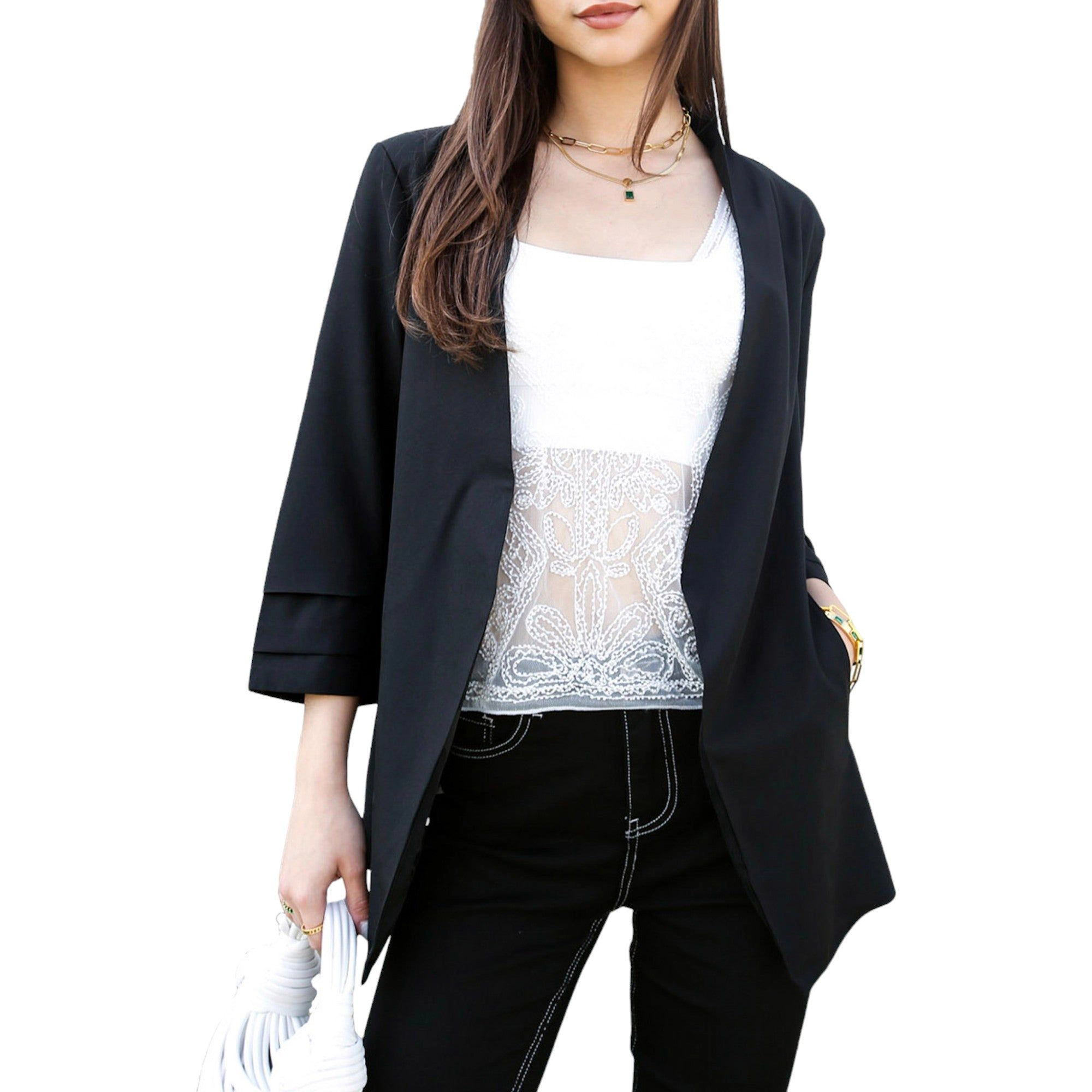 Anna-Kaci Women's Ruched Solid Color Open Front Blazer