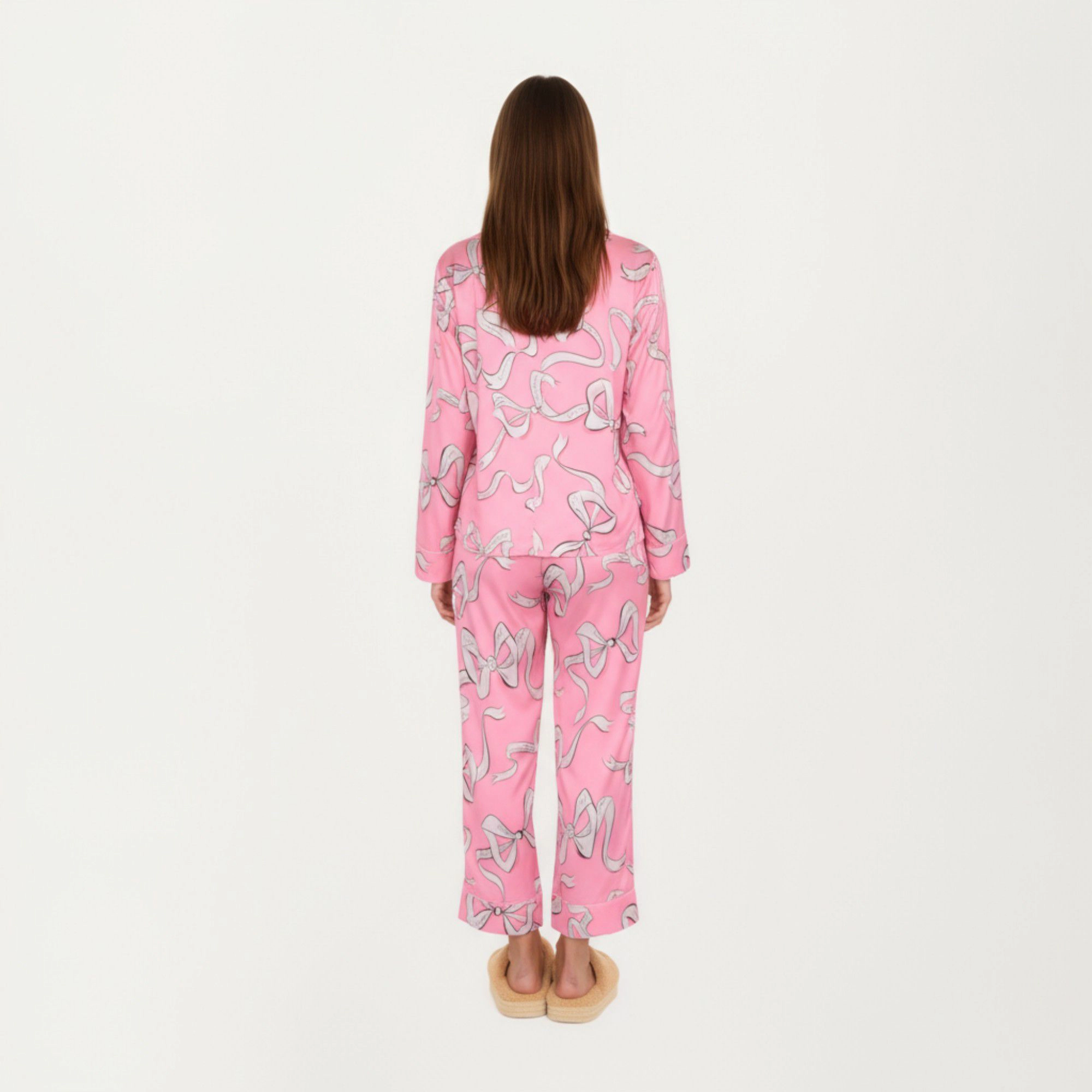 Anna-Kaci Women's 2-Piece Long Sleeve Button Front Pajama Set Ribbon Print and Soft Silky Fabric for Relaxed Comfort